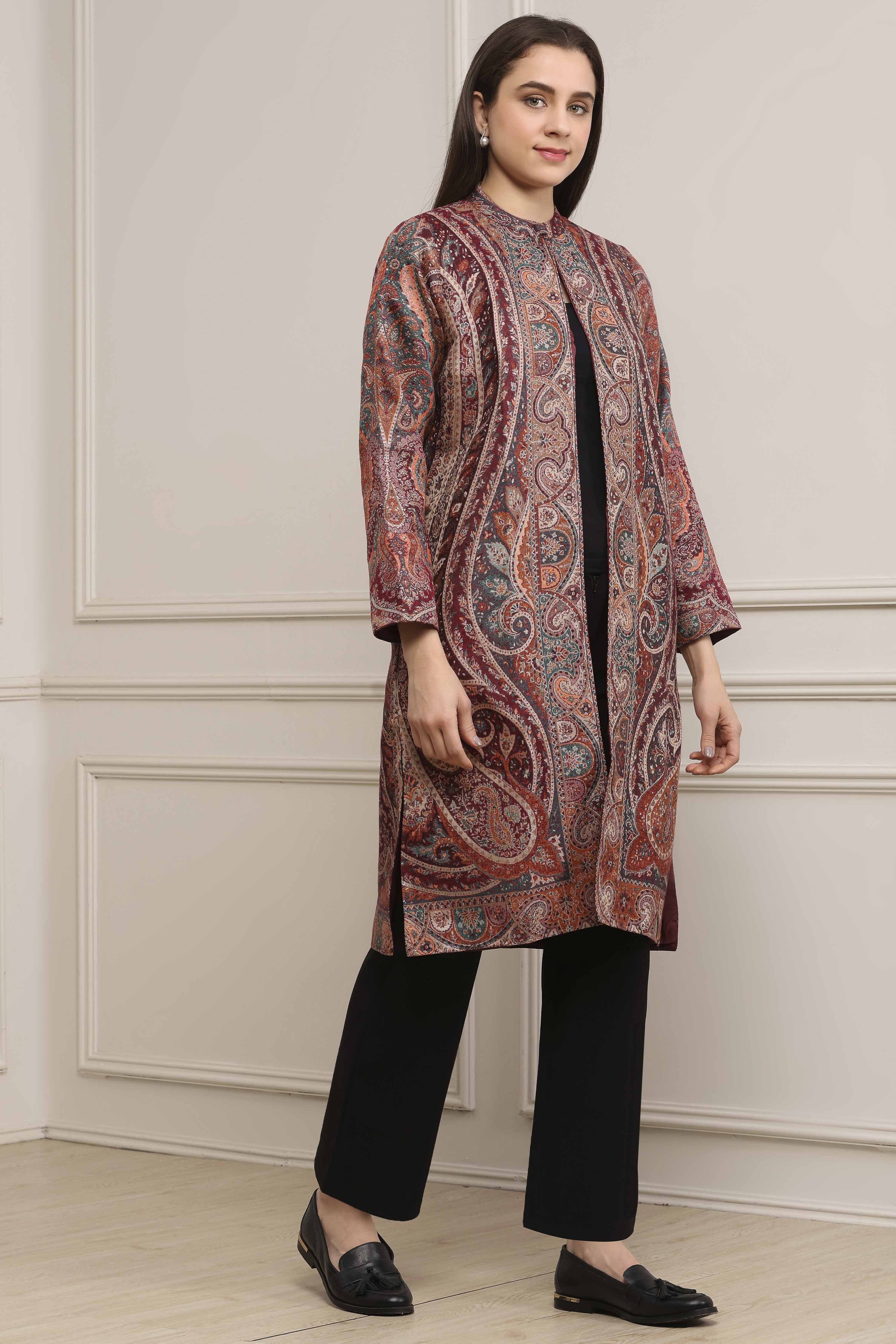 Green-Maroon Acrylic Straight Yarndyed Jacket image number 4