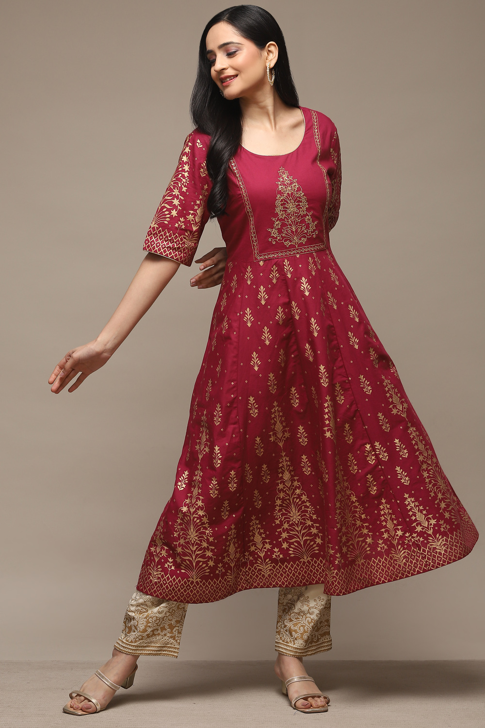 Wine Cotton Flared Printed Kurta image number 0