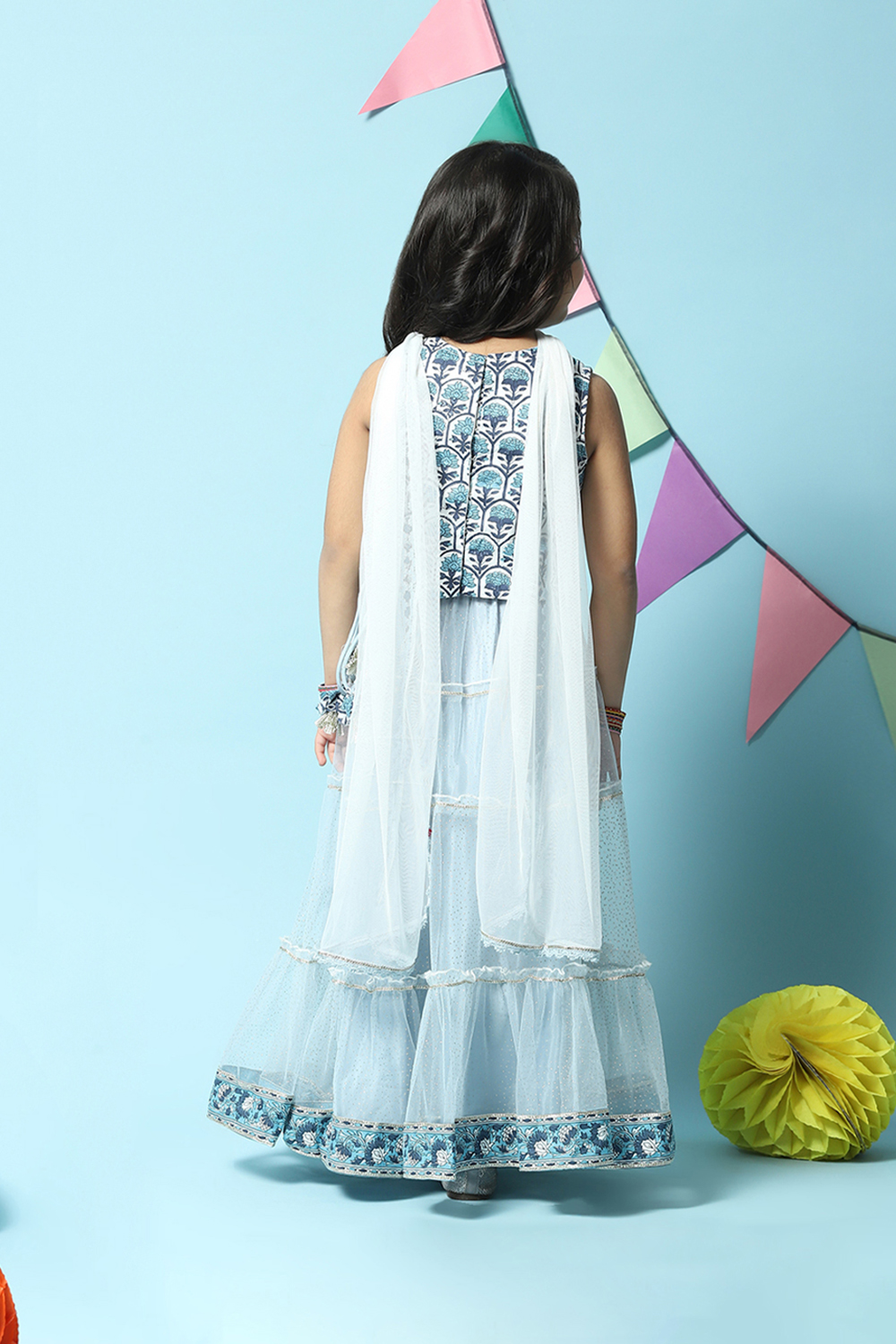 Powder Blue Cotton Short Top Lehenga Set image number 4