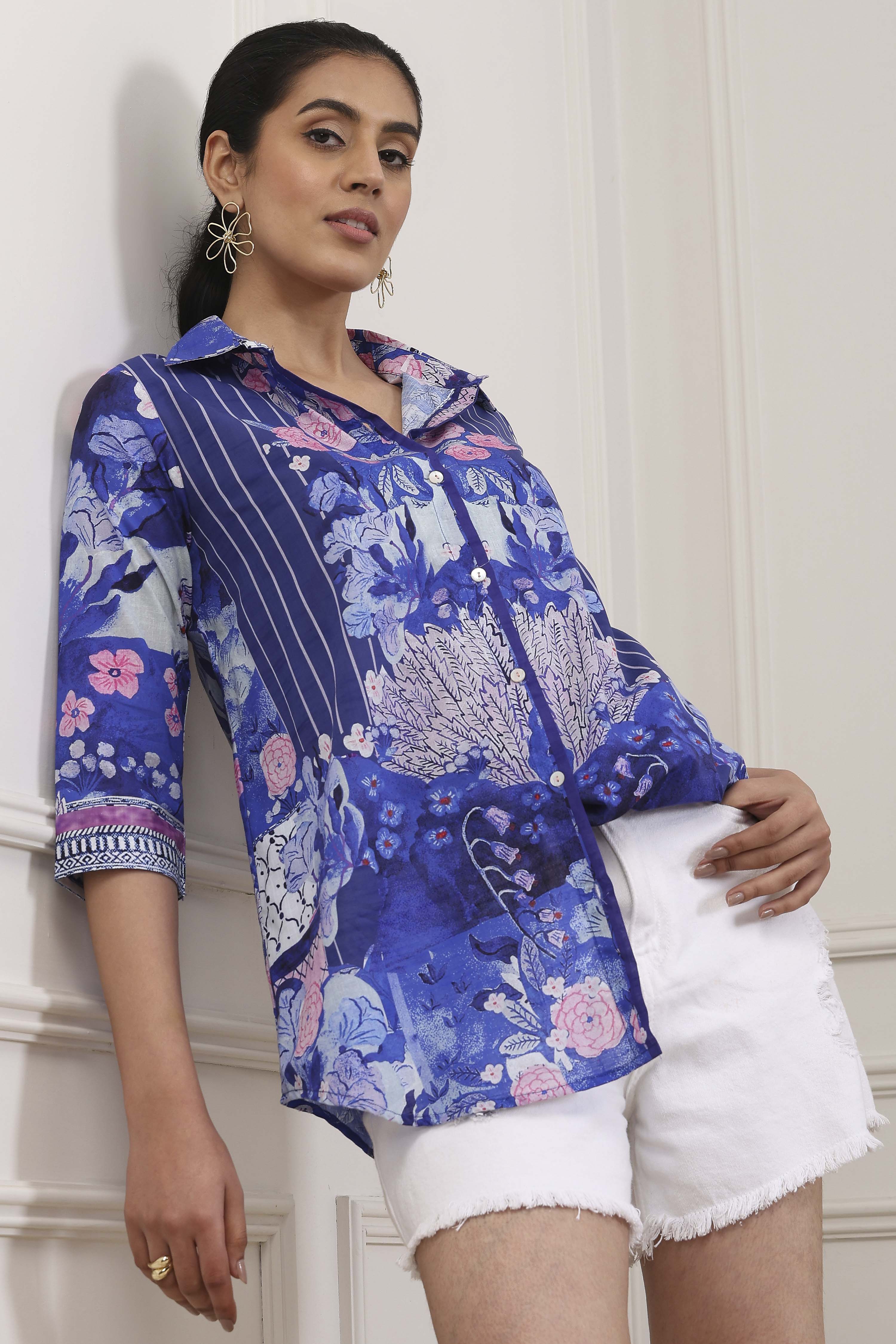 Blue Cotton Floral Printed Shirt image number 0