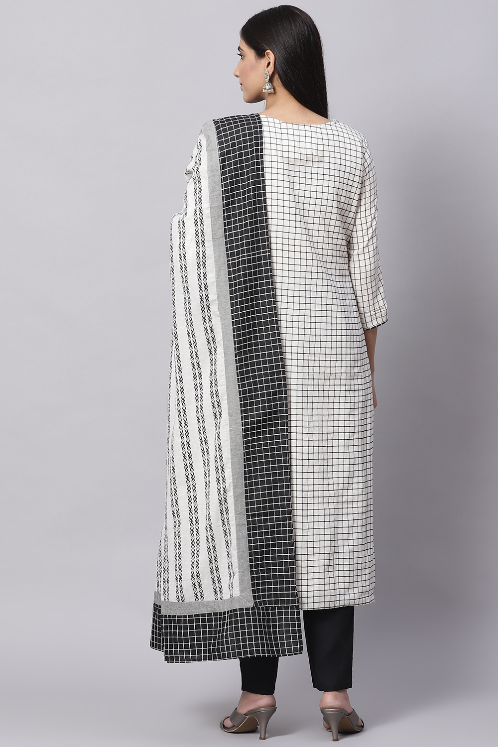 White Cotton Handloom Unstitched Suit Set image number 4