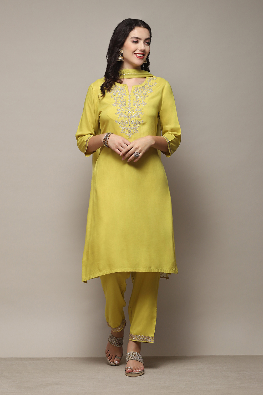 Lime Green Rayon flax Narrow Kurta Pant Suit Set image number 7