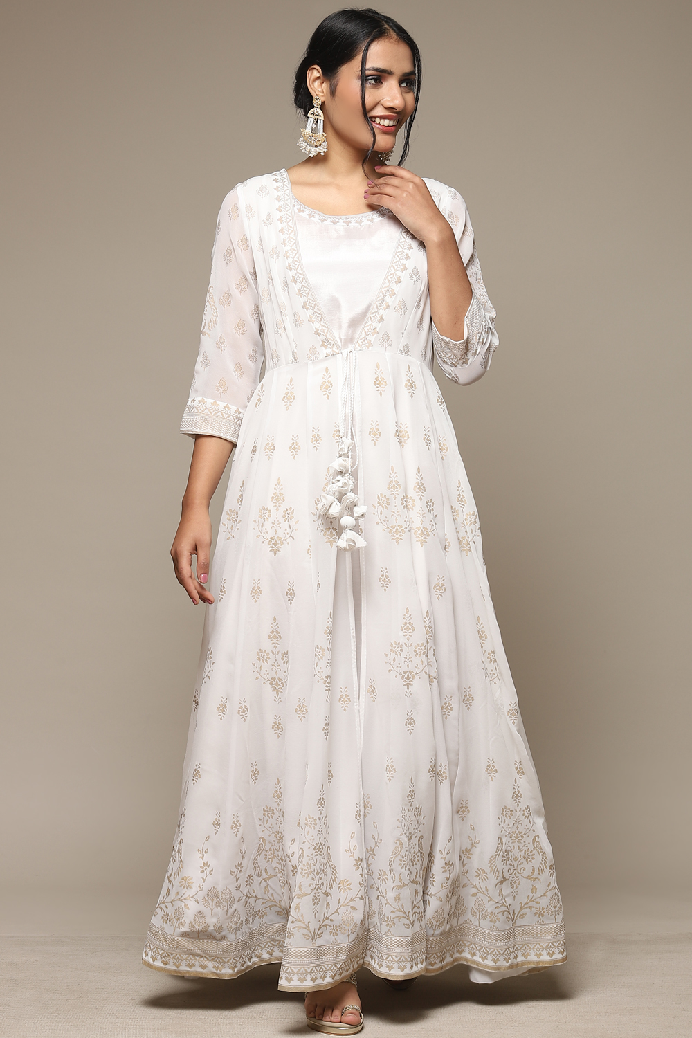 White Cotton Blend Straight Printed Dress image number 5
