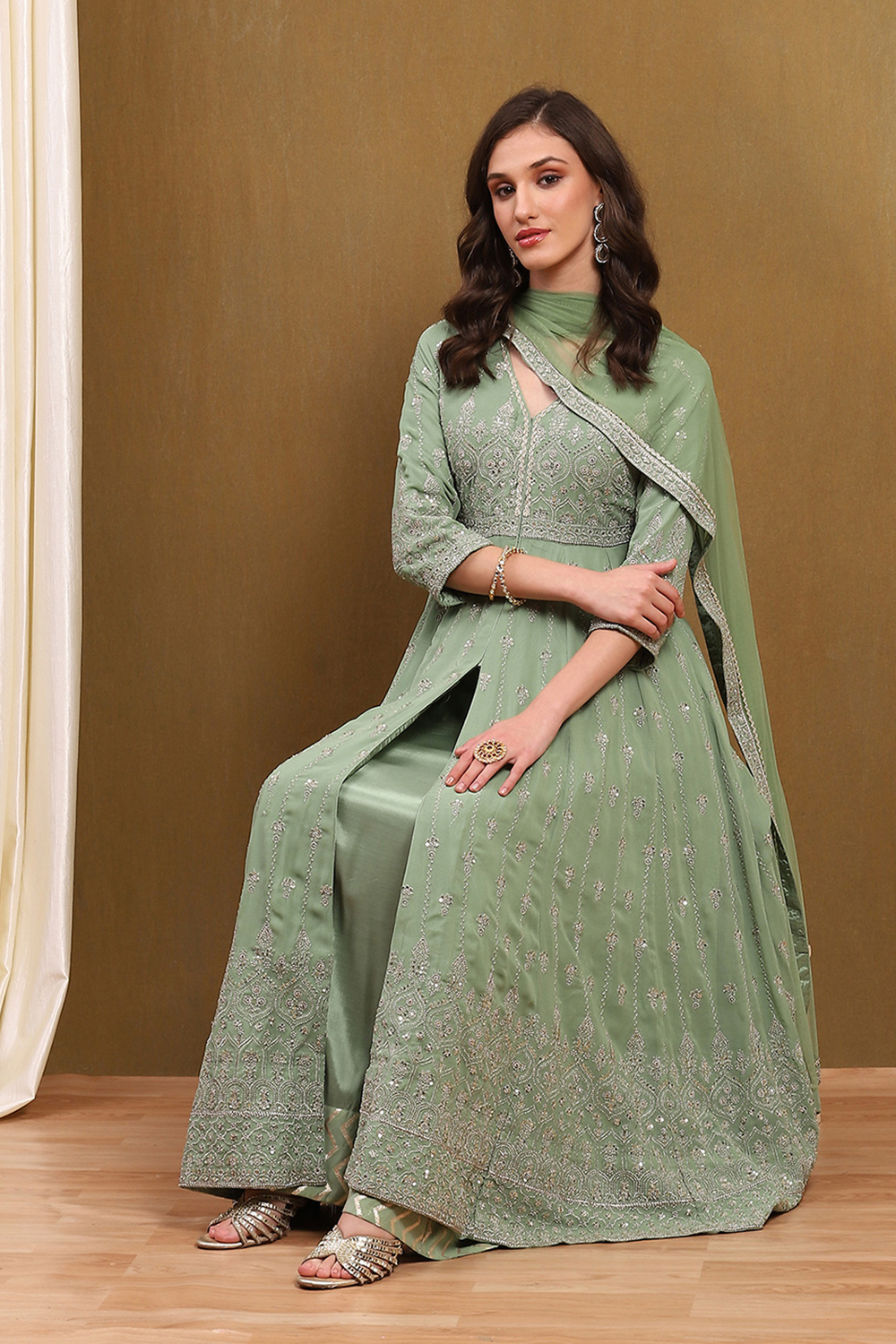 Green Viscose Georgette Embroidered Anarkali Suit Set image number 0