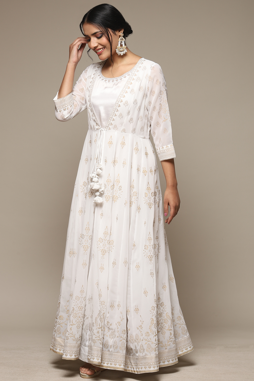 White Cotton Blend Straight Printed Dress image number 2