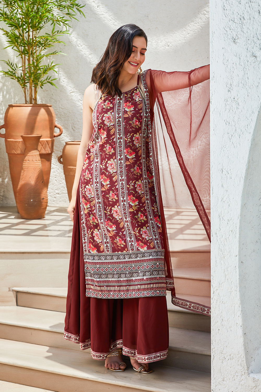 Maroon Printed Straight Kurta & Palazzo Suit Set image number 5