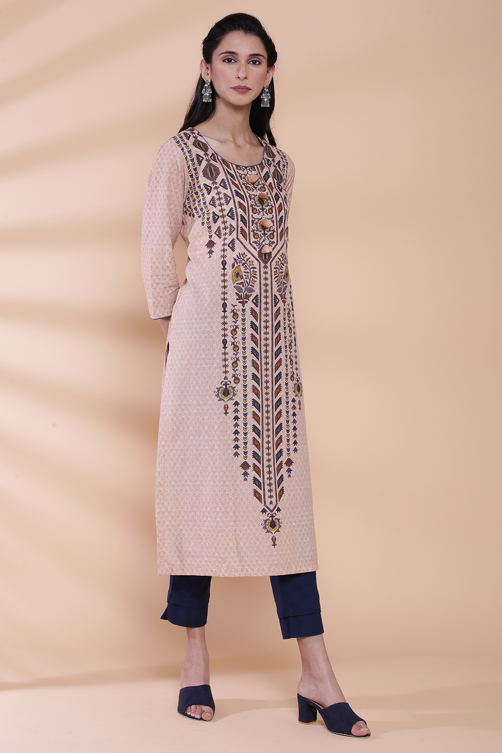 Blue Cotton Straight Printed Kurta image number 3