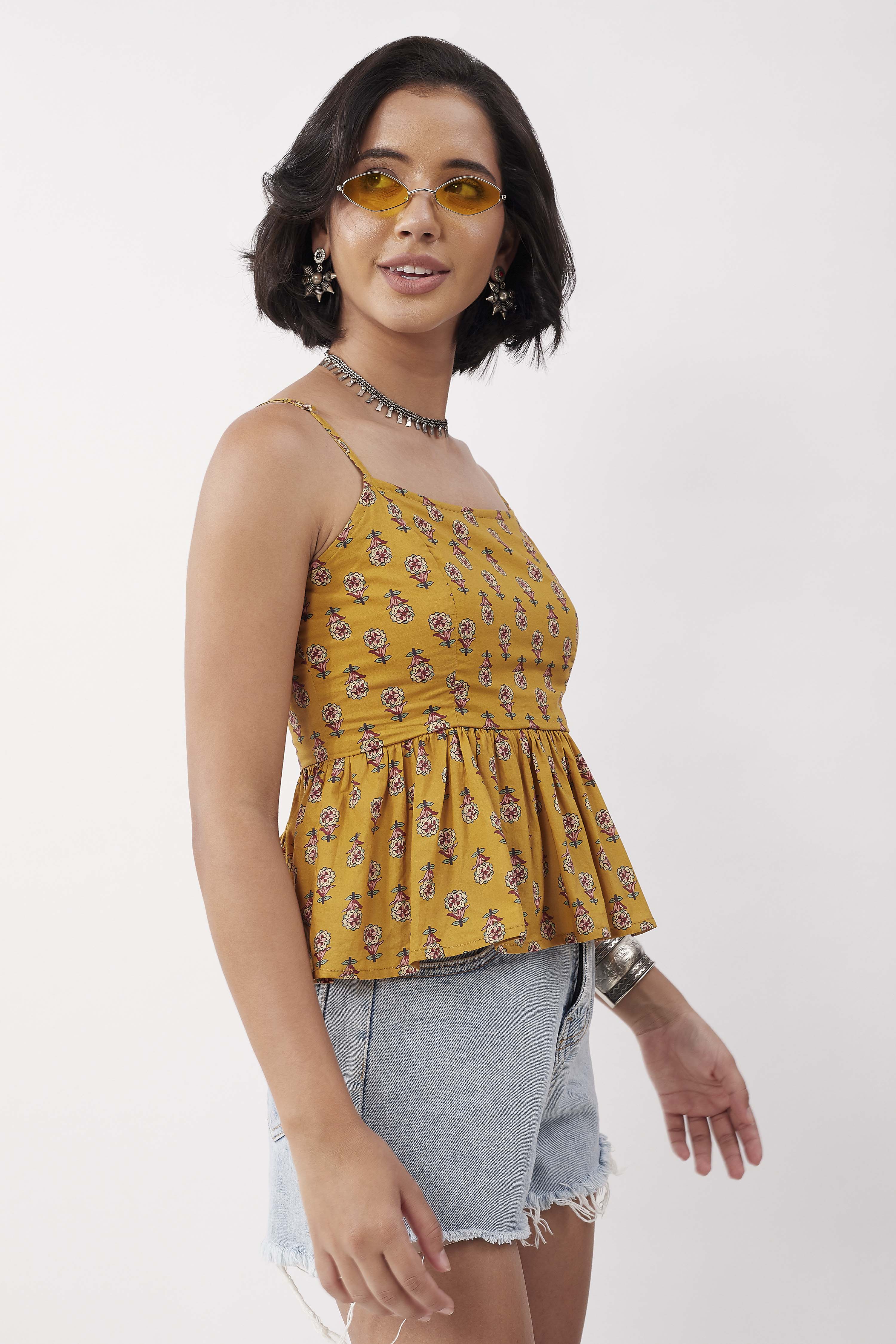 Mustard Cotton Floral Tie-Up Back Top image number 4
