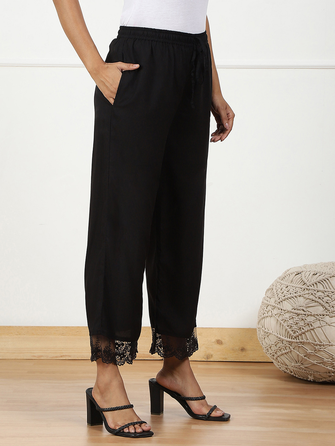 Black Rayon Regular Solid Palazzo image number 3