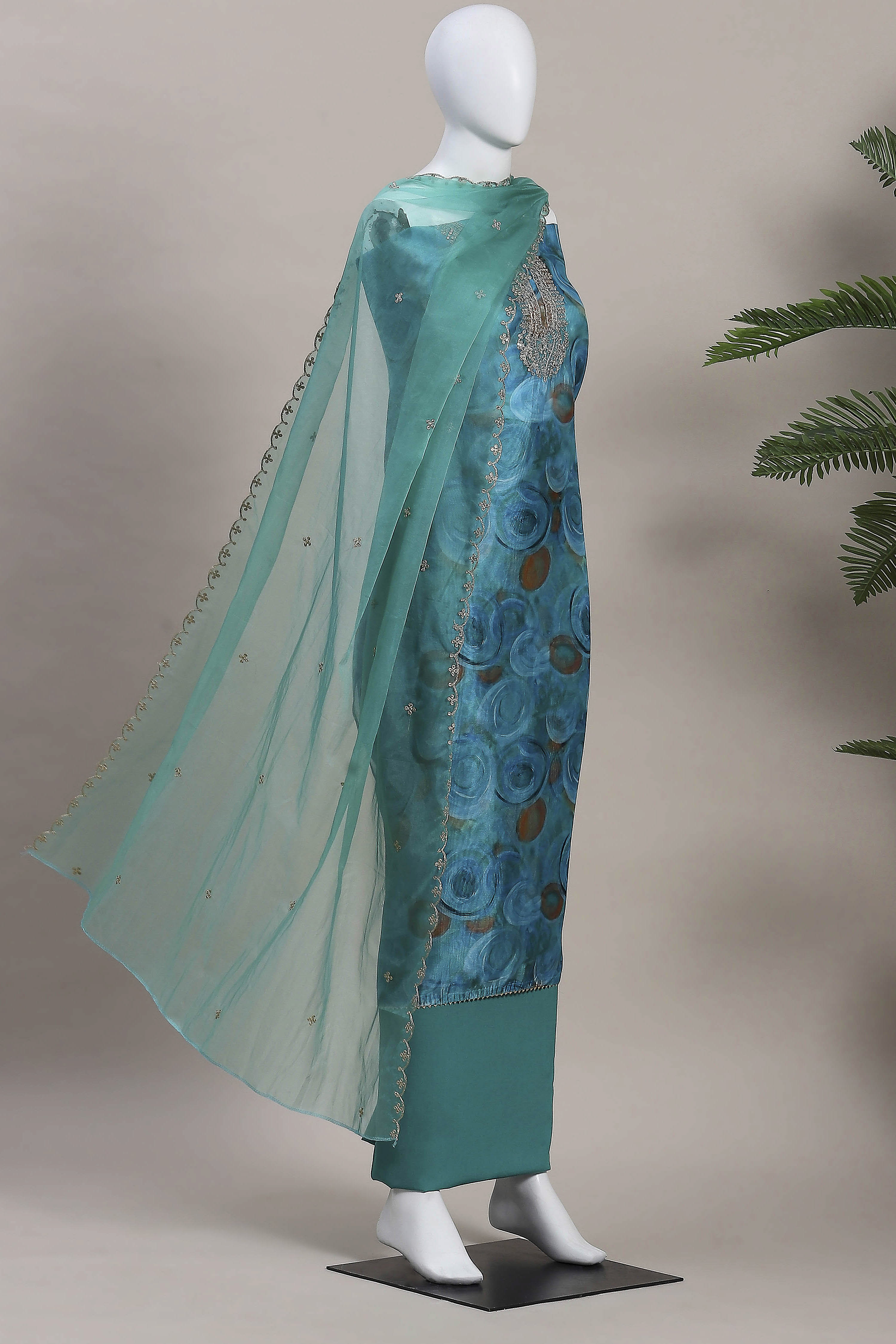 Peach-Colored Organza Rajasthani Print Unstitched Suit Set image number 4