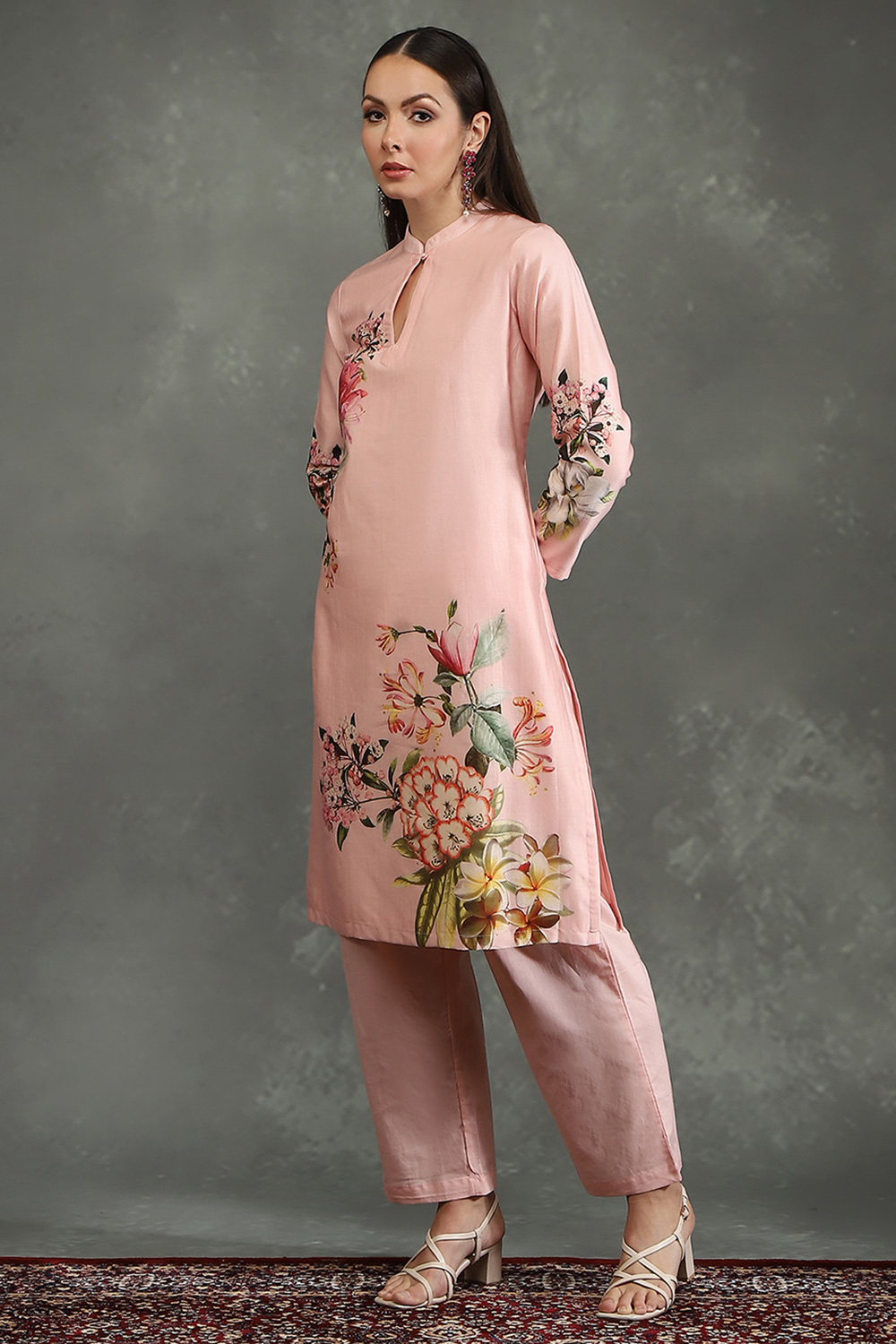 Ivory Silk Chanderi Floral Printed Straight Kurta Set image number 2