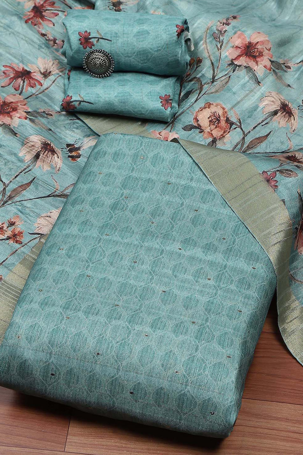 Peach Silk Tussar Handloom Unstitched Suit Set image number 0