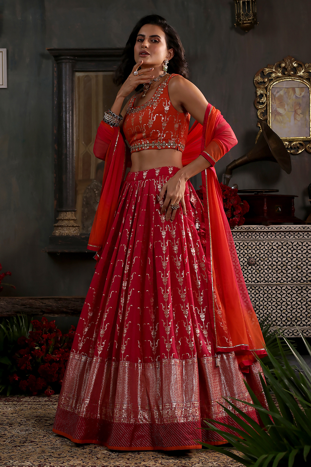 Pink and Orange Chanderi Jacquard Lehenga Set image number 3