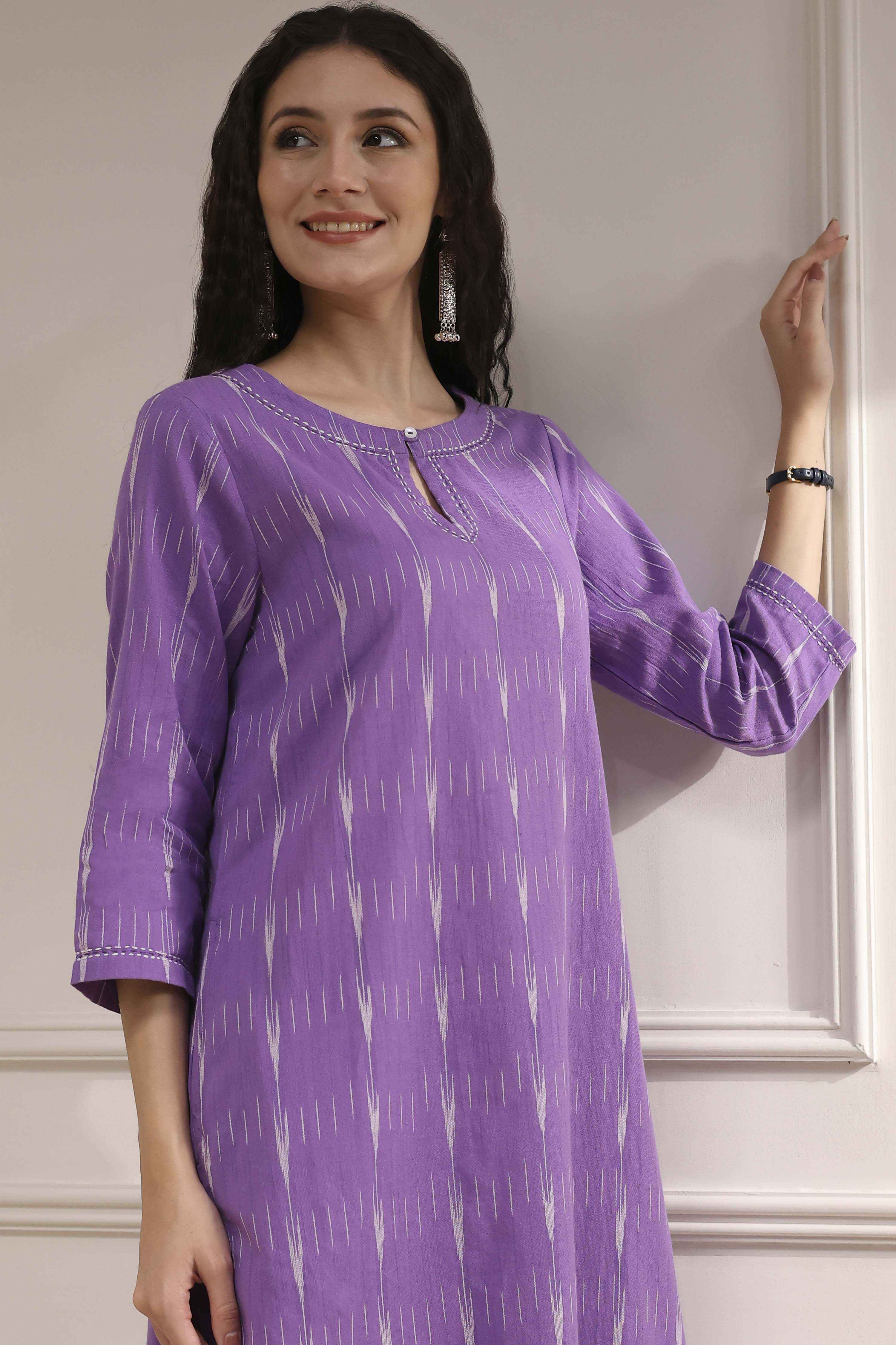 Purple Cotton Ikat Straight Kurta image number 1
