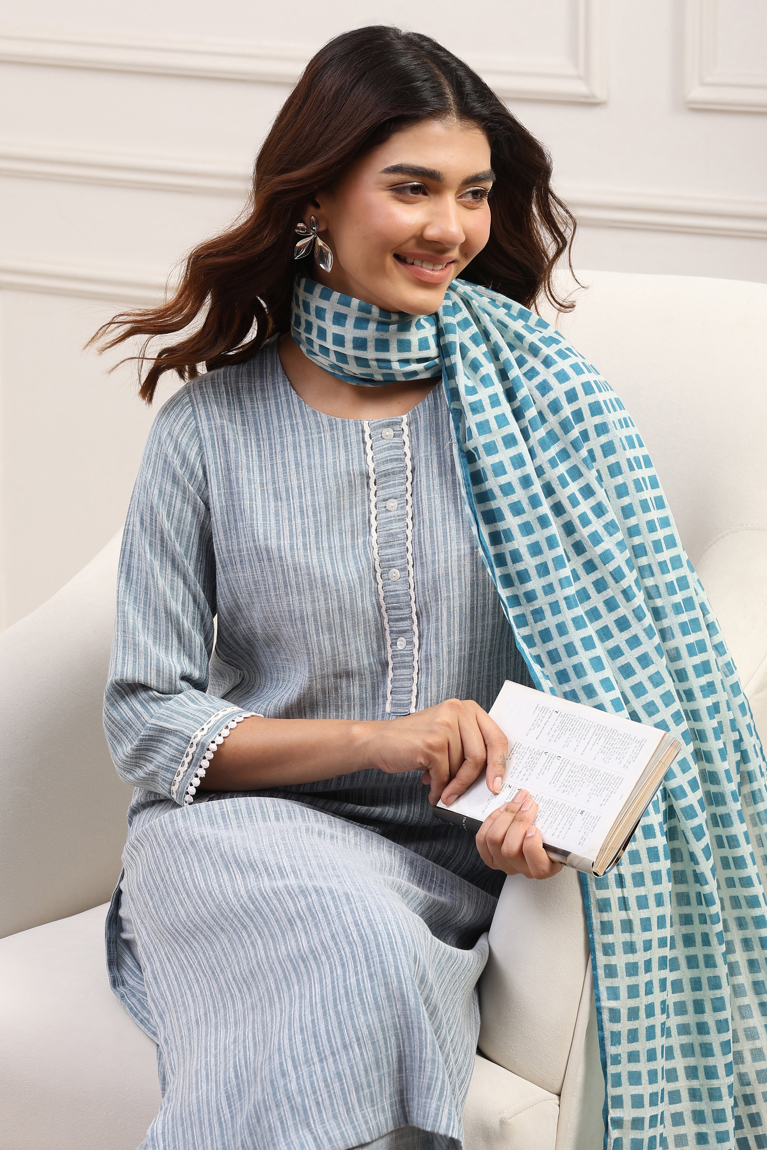 Pale Yellow Cotton Blend Straight Kurta Palazzo Suit Set image number 7