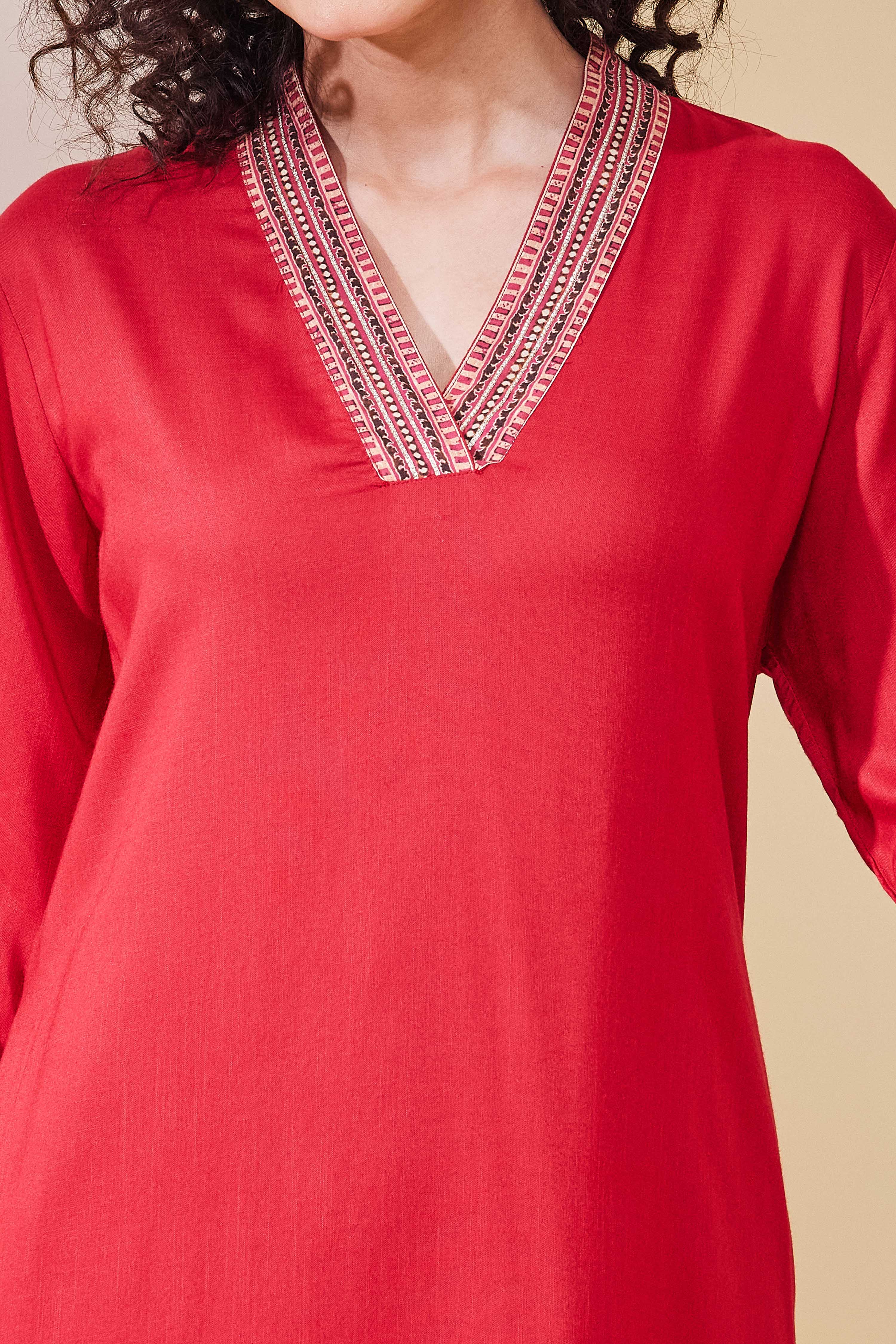 Red Viscose Rayon Straight Kurta image number 1
