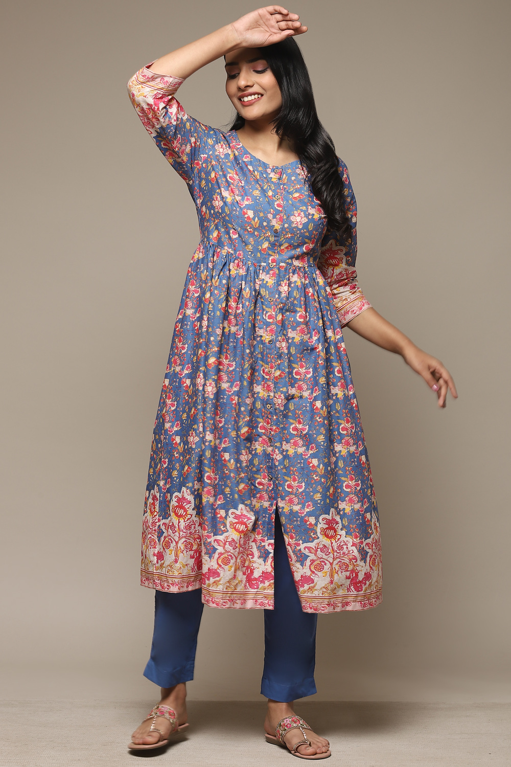 Blue Cotton Gathered Kurta Pants 2 Piece Set image number 0