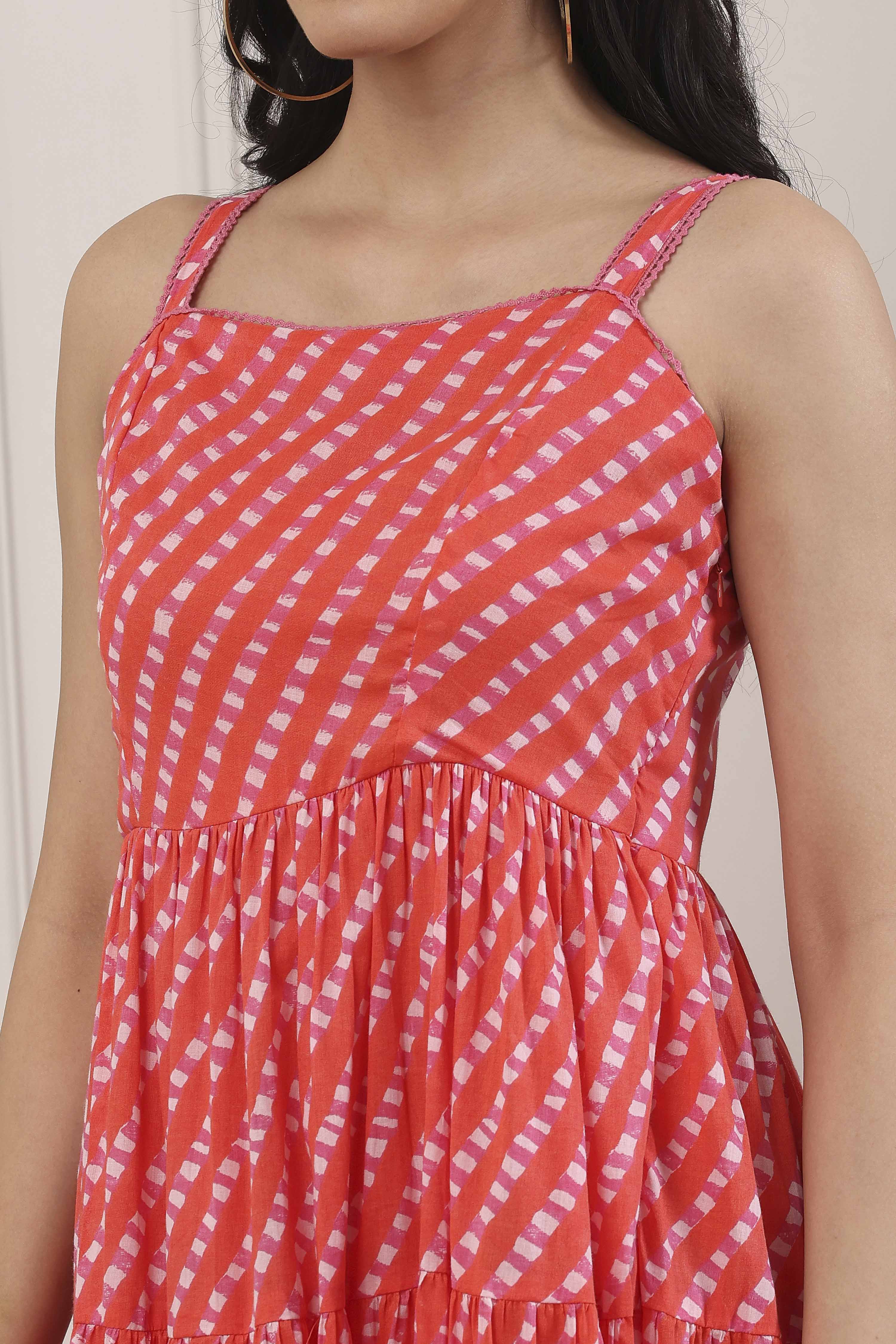 Orange Cotton Geometric Striped Tiered Midi Dress image number 1