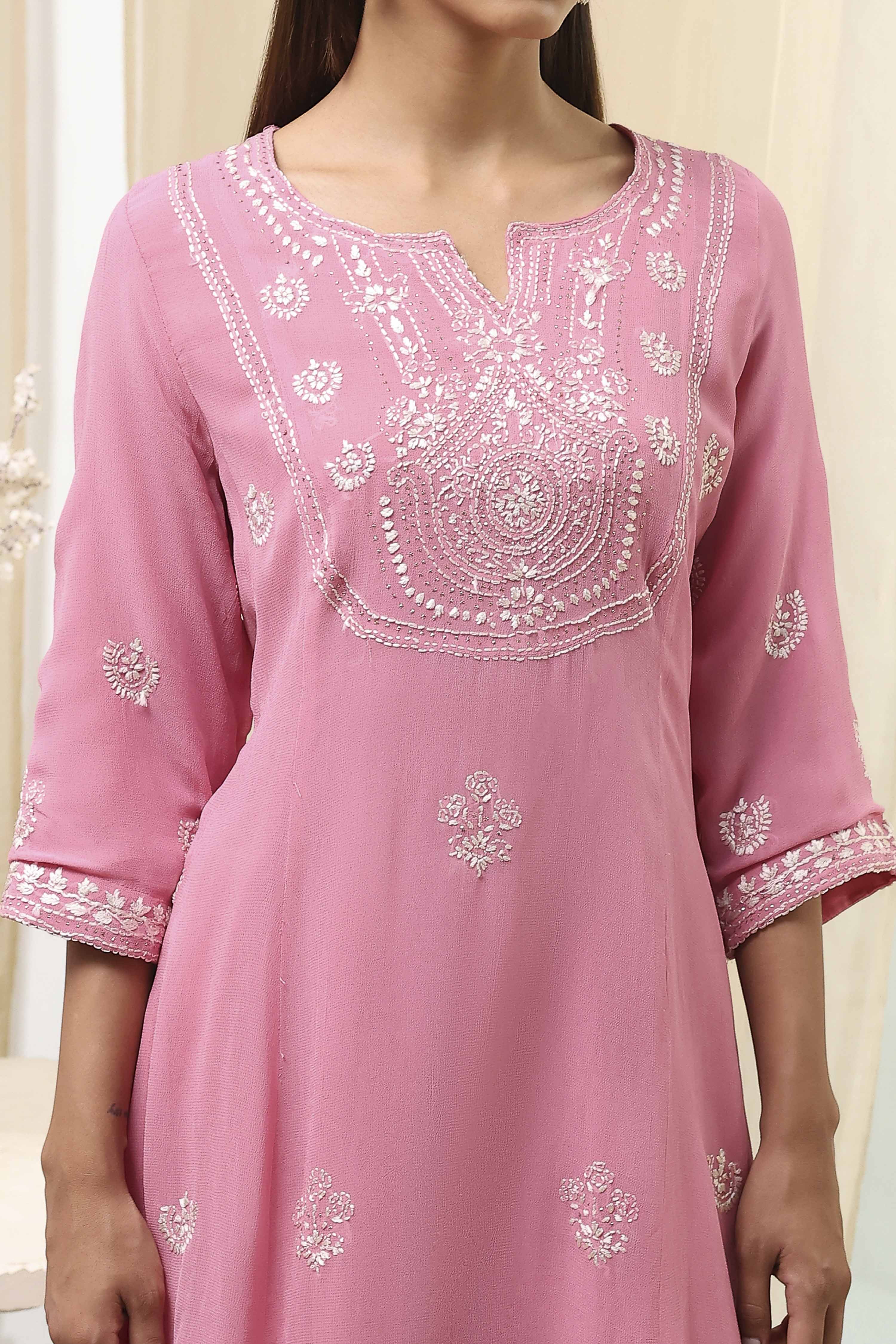 Pink Embroidered Kalidar Suit Set image number 1