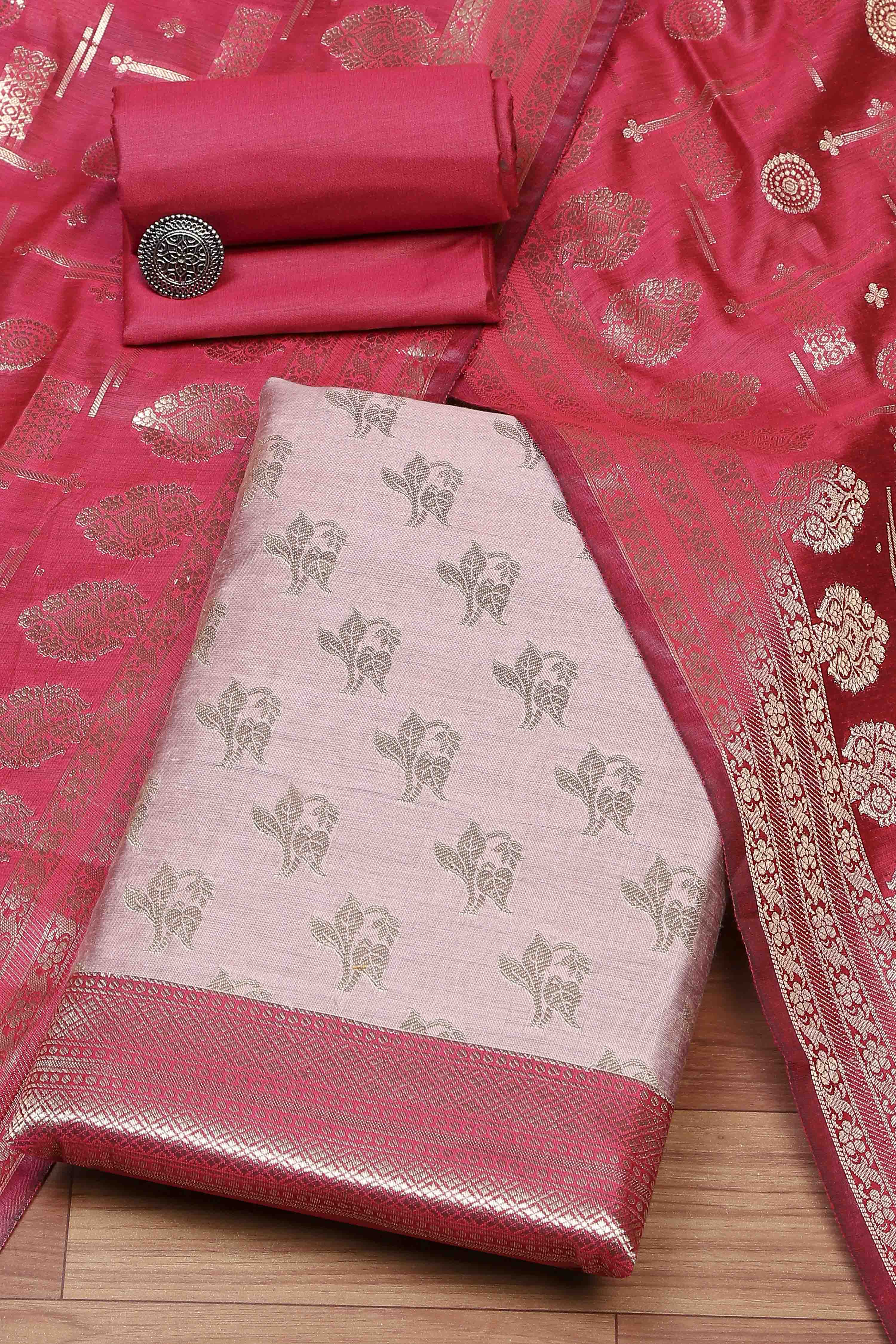 Wine Poly Silk Banarasi Unstitched Suit Set image number 0