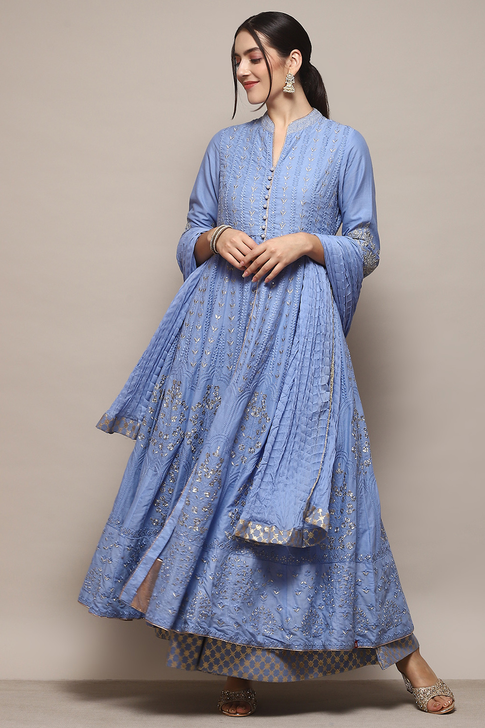 Aqua Blue Cotton Anarkali Kurta Lehenga Set image number 7