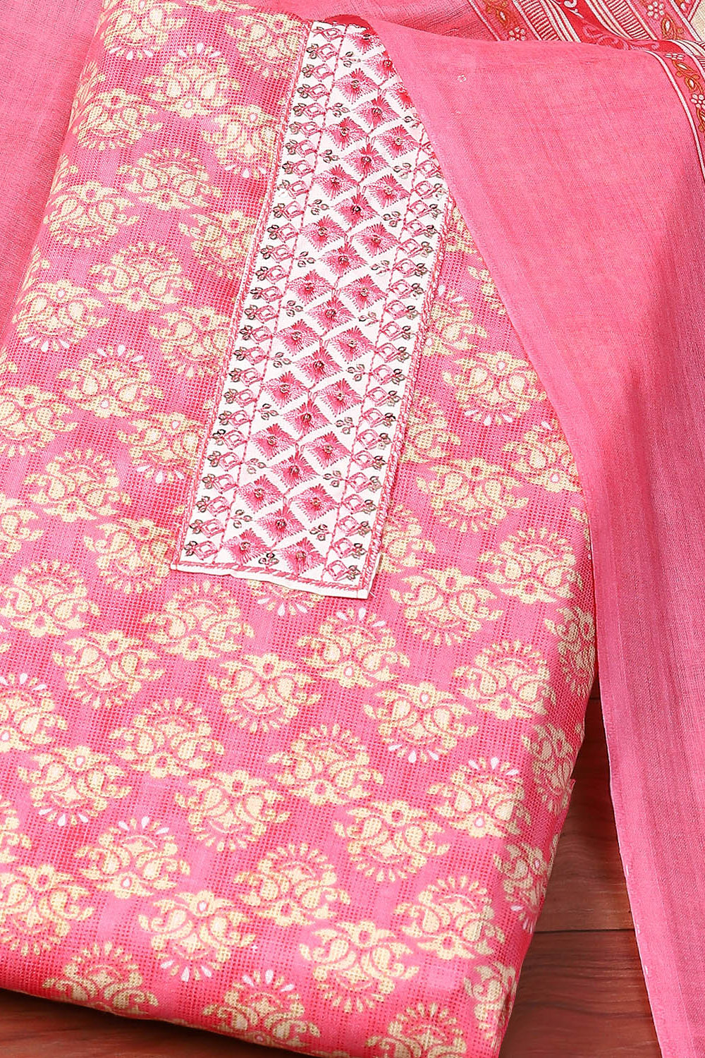 Pink Cotton Printed Unstitched Suit Set image number 1