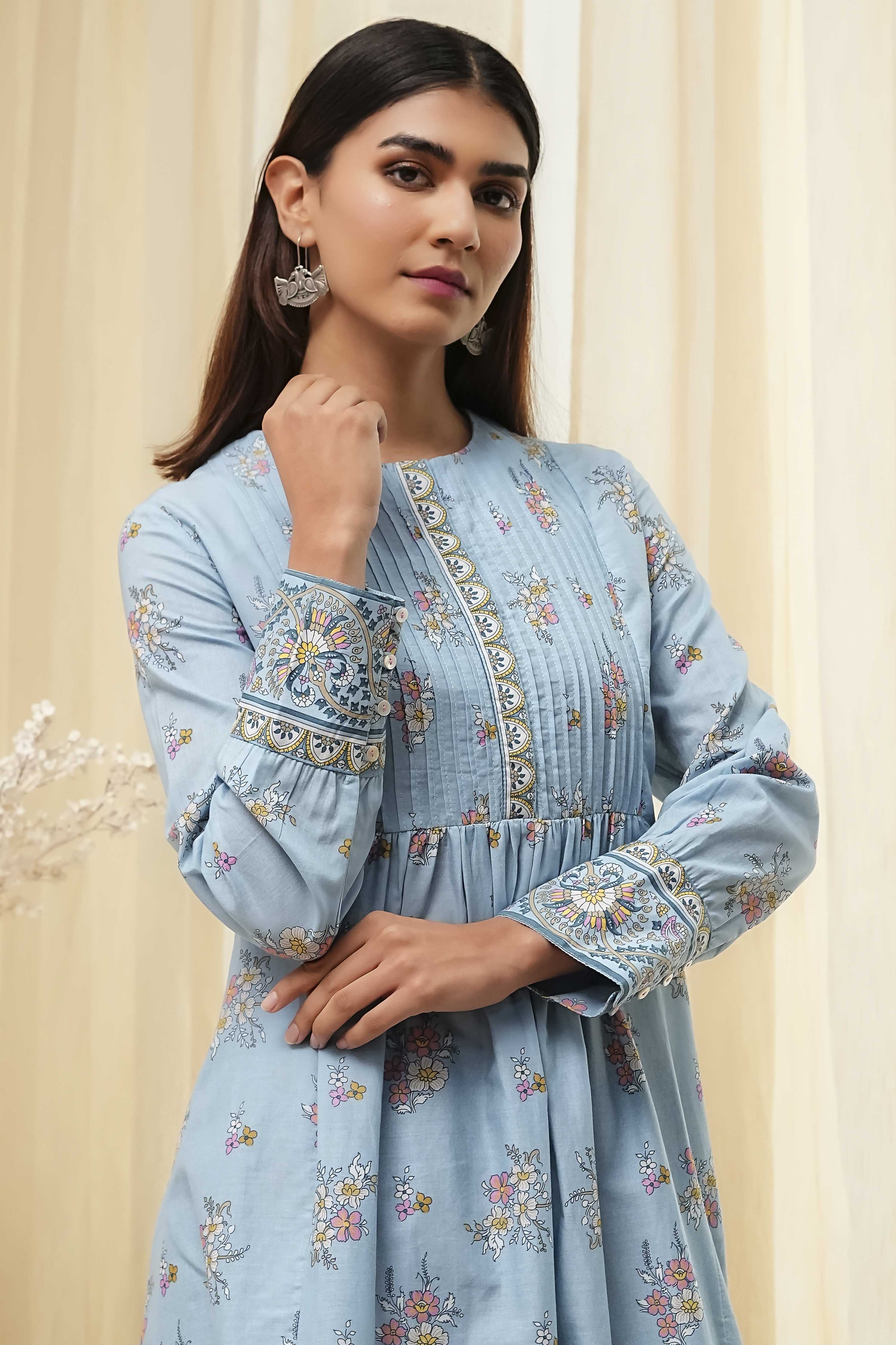 Dull Blue Cotton Flared Printed Kurta Set image number 7