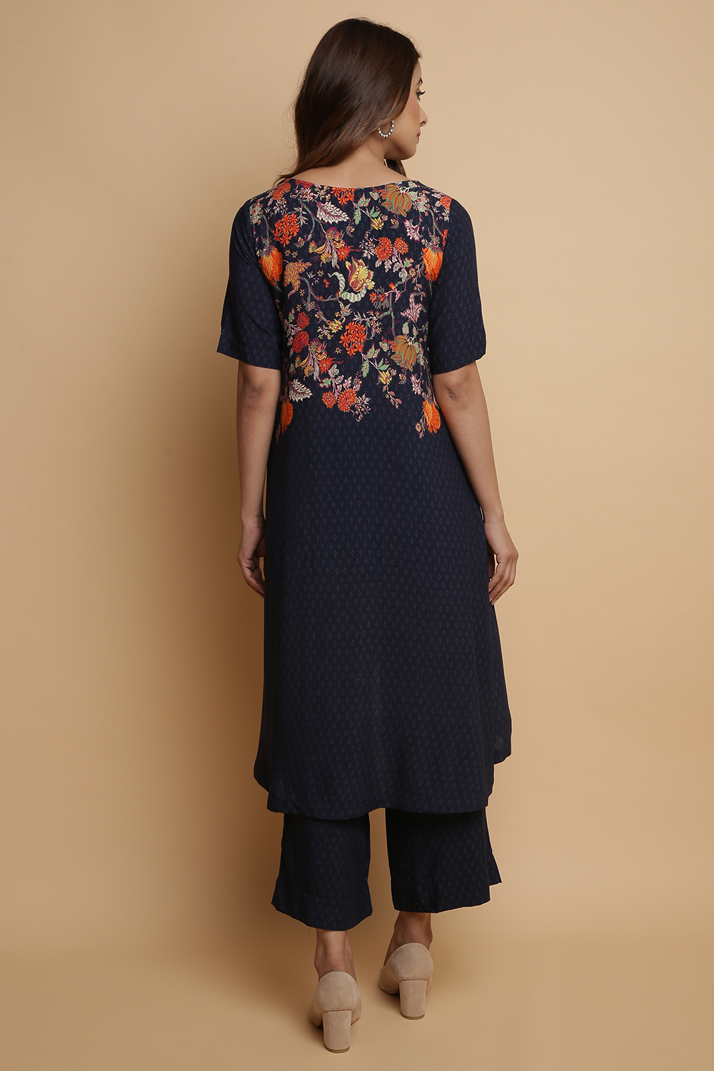Navy Rayon Asymmetric Kurta Palazzo Suit Set image number 4