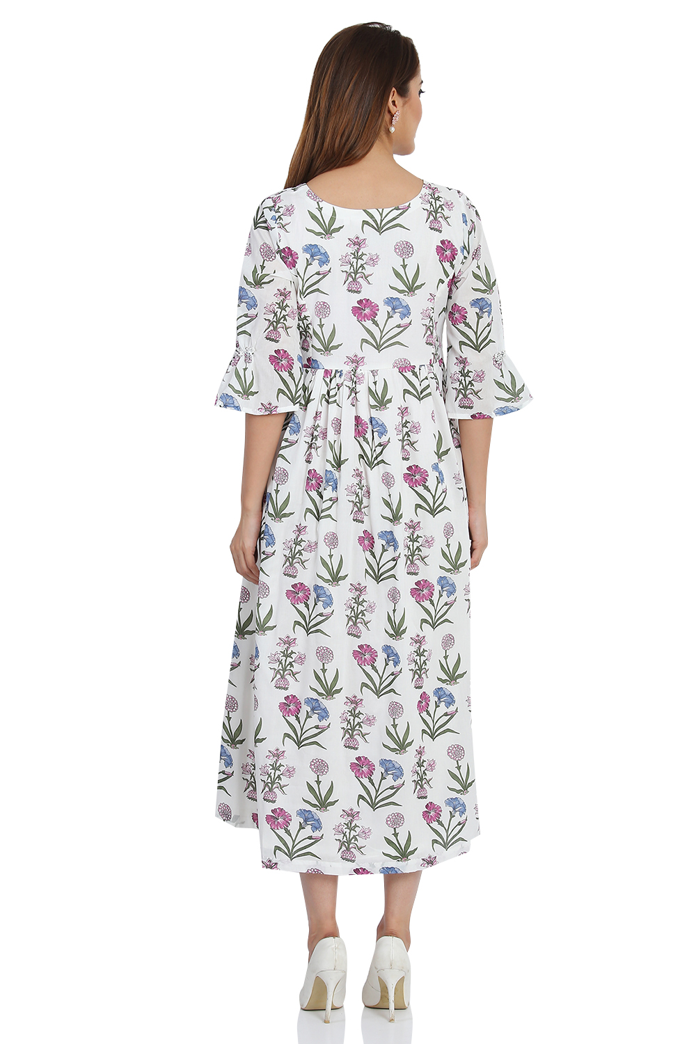 Off White Cotton Flared Printed Dress image number 4