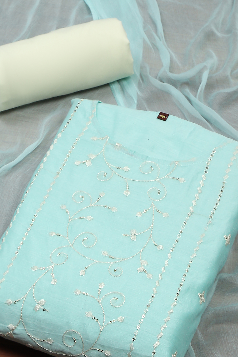 Peach Modal Satin Machine Embroidered Unstitched Suit Set image number 1