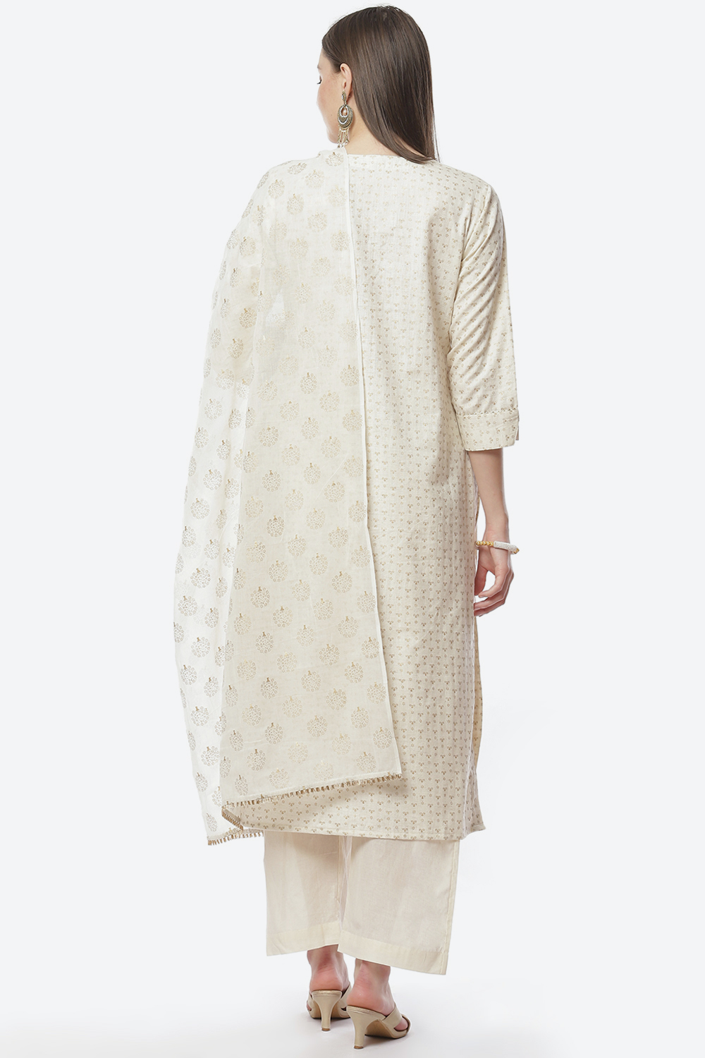 Off White Cotton Hand Block Print Unstitched Suit Set image number 4