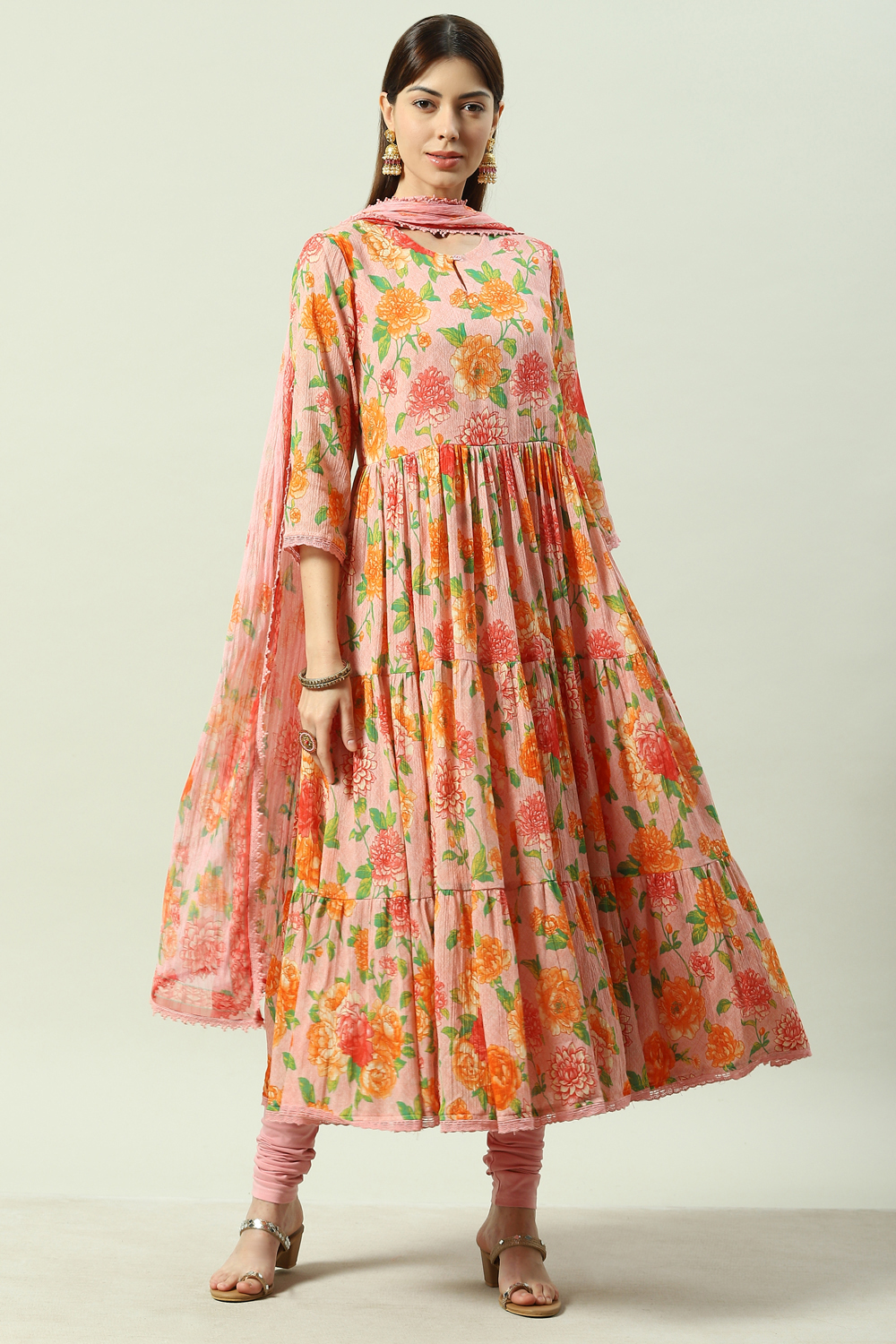 Peach Cotton Flared Kurta Churidar Suit Set image number 0