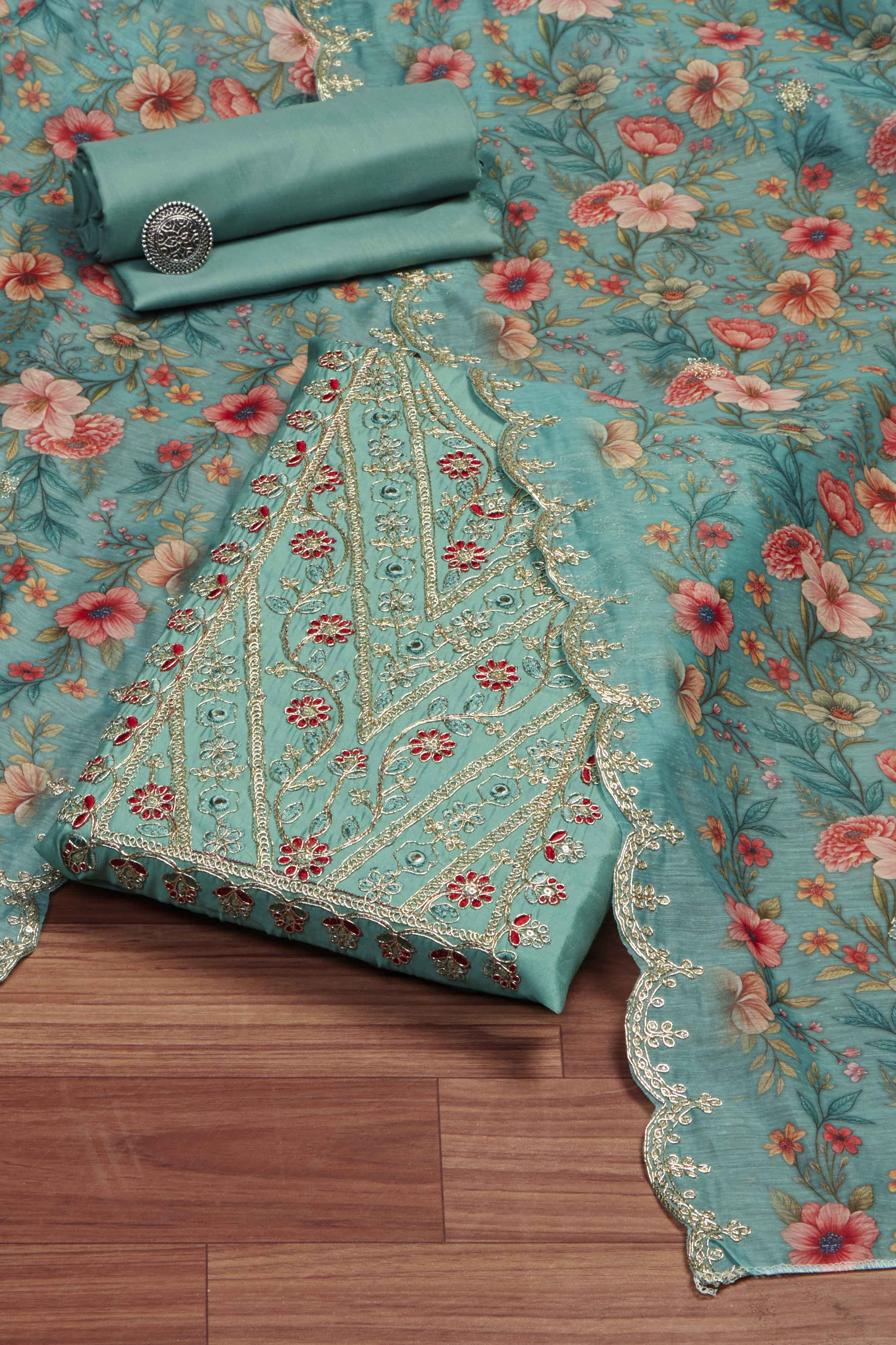 Teal Cotton Printed Embroidered Unstitched Suit Set image number 0