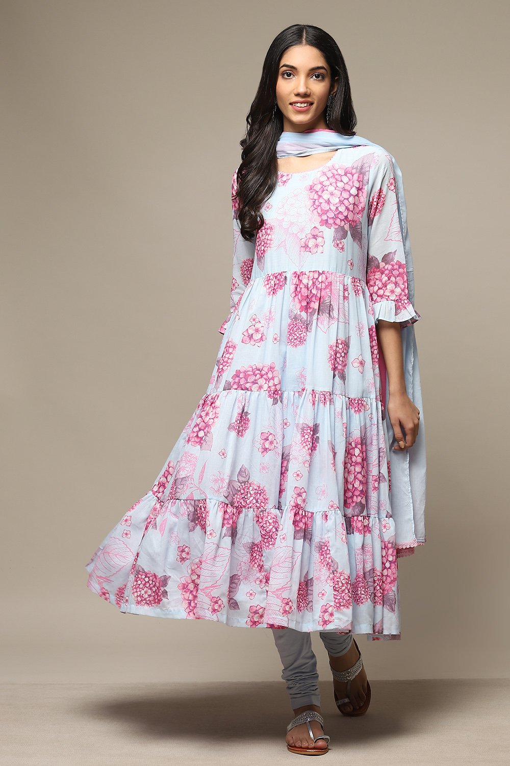 White & Blue Cotton Anarkali Kurta Churidar Suit Set image number 7