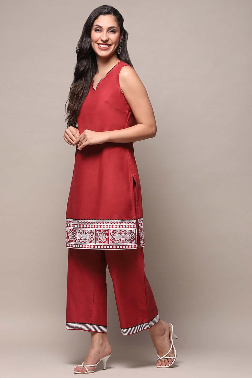 Maroon Cotton Printed Kurta & Palazzo Suit Set image number 1