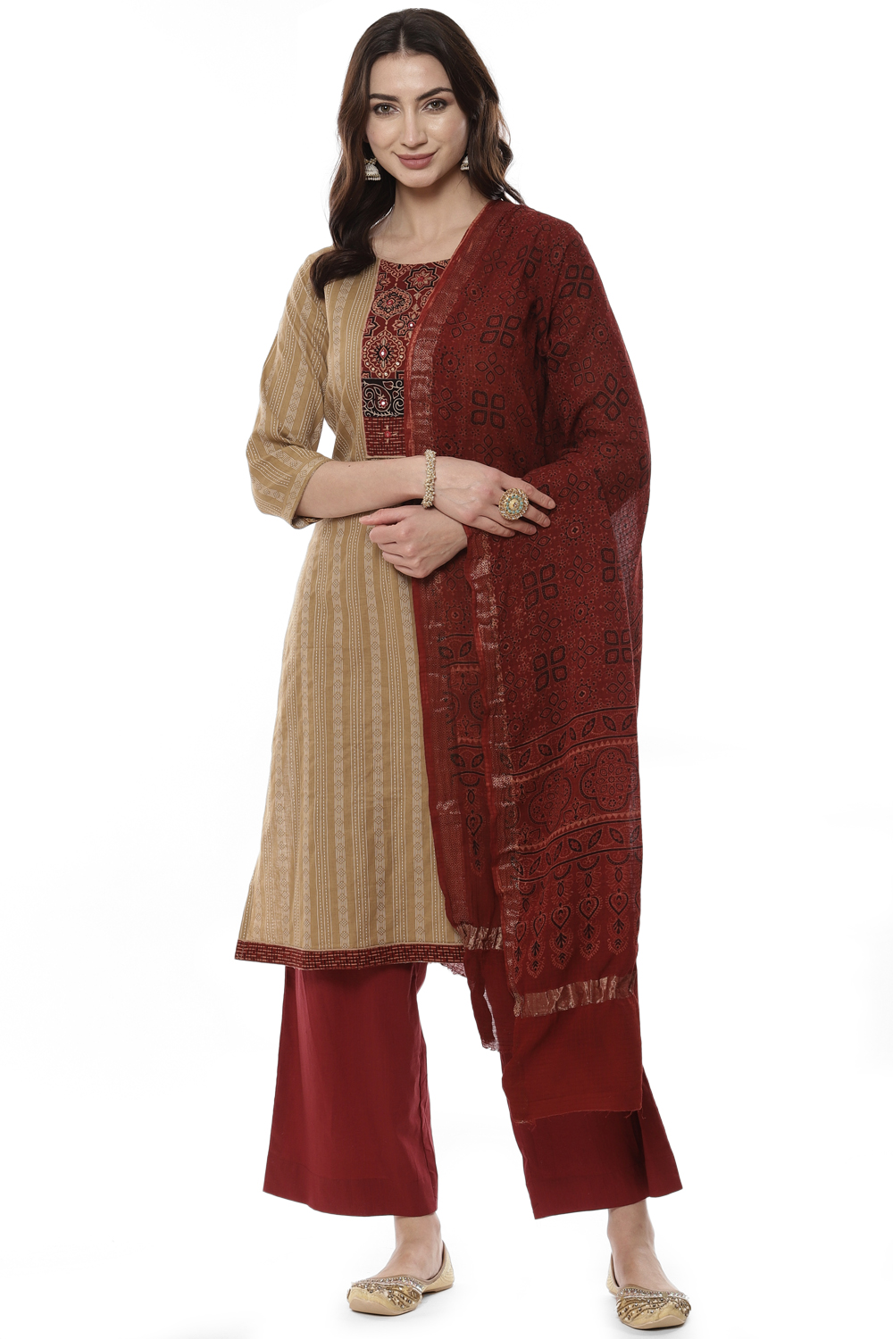 Beige Cotton Handloom Unstitched Suit Set image number 0