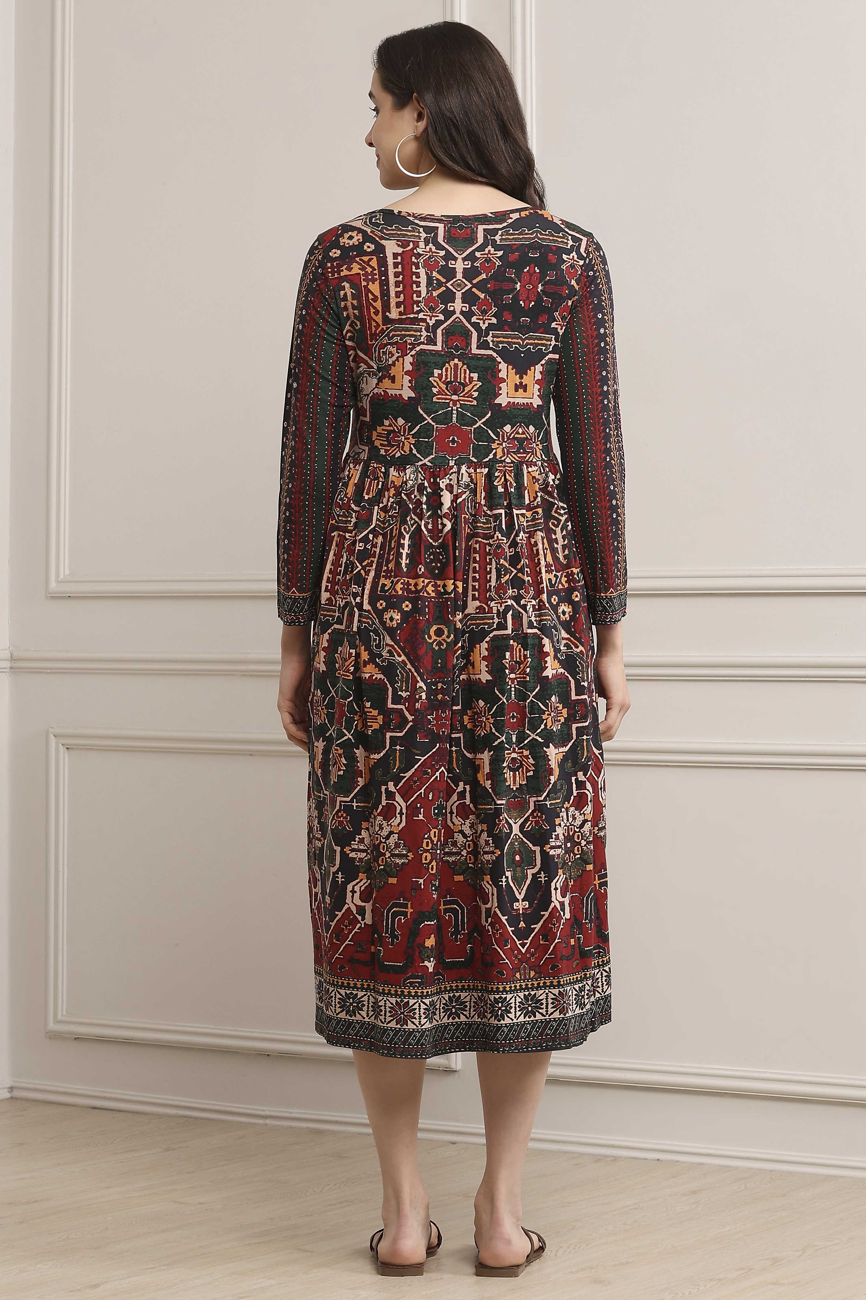 Rust Cotton Blend Flared Printed Dress image number 3