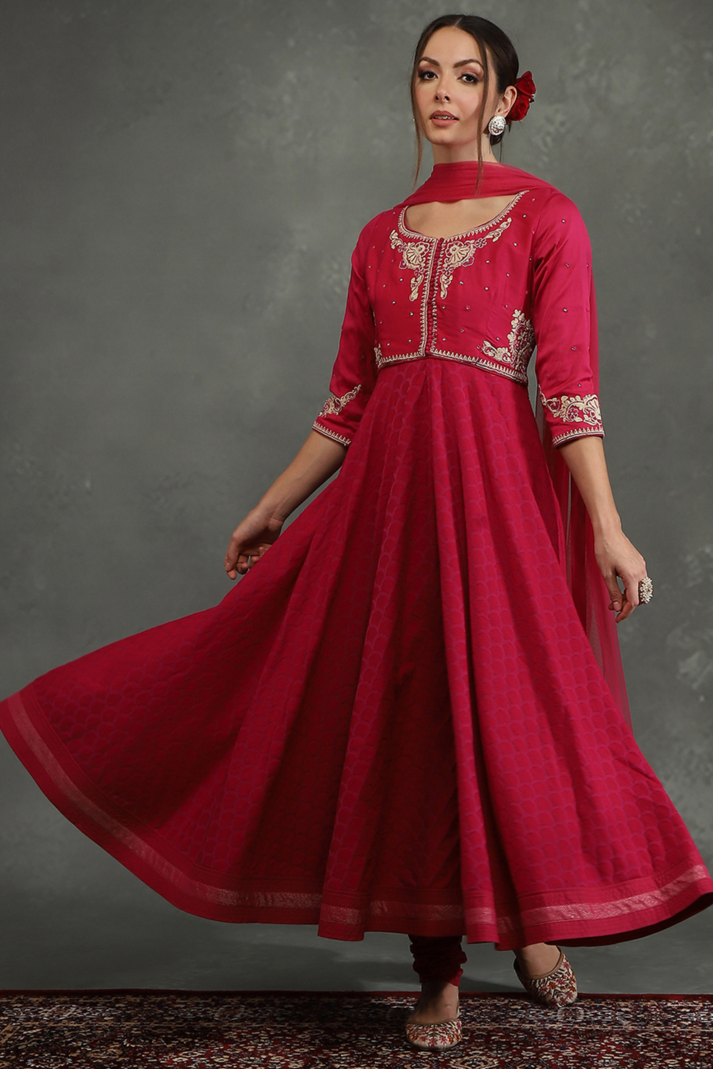 Rohit Bal Pink Silk Chanderi Floral Anarkali Suit Set image number 0