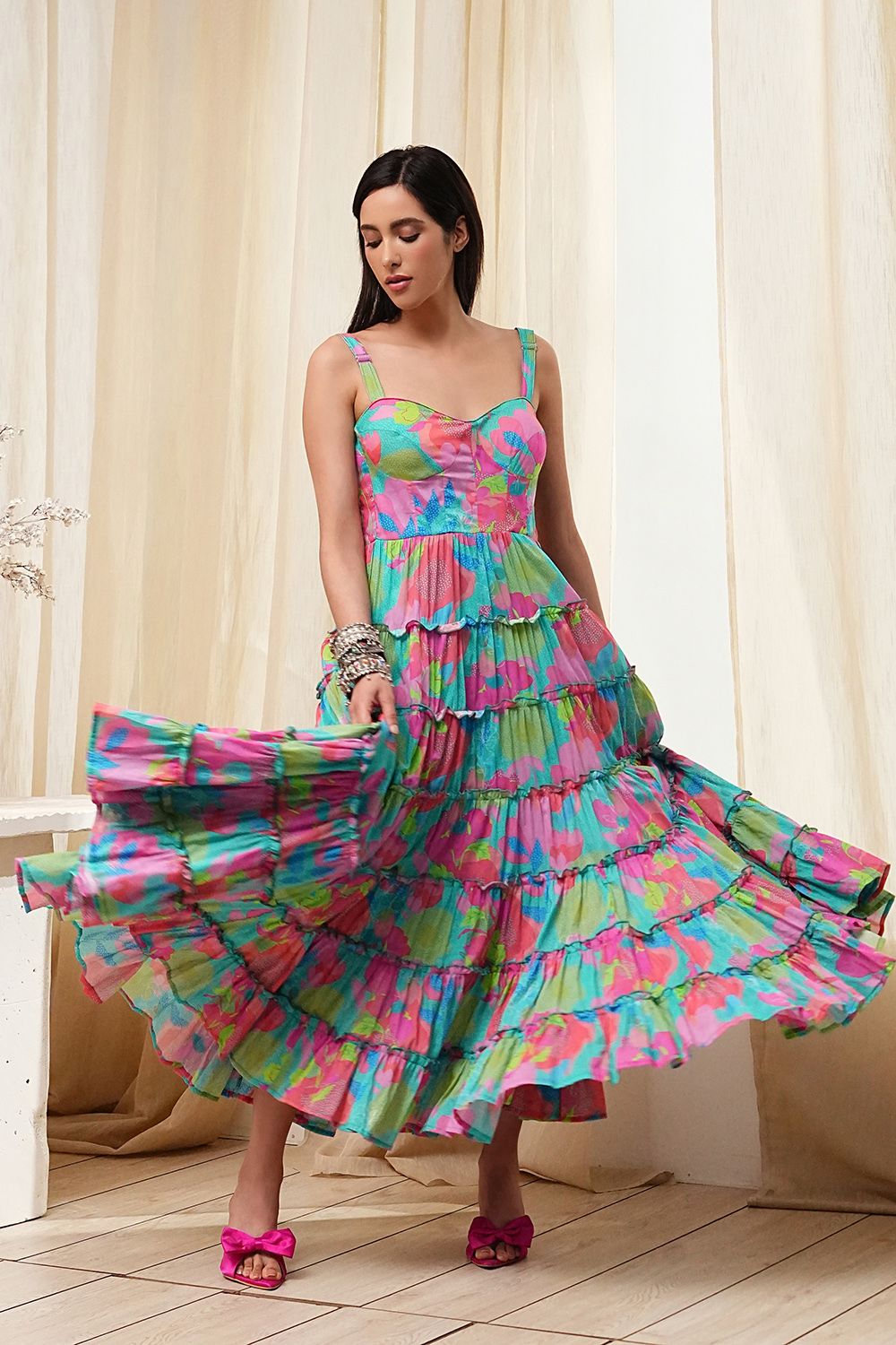 Turquoise Cotton Floral Printed Tiered Dress image number 2