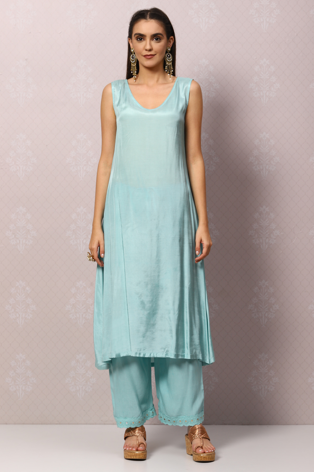 Sea Green Viscose Flared Kurta Palazzo Suit Set image number 1