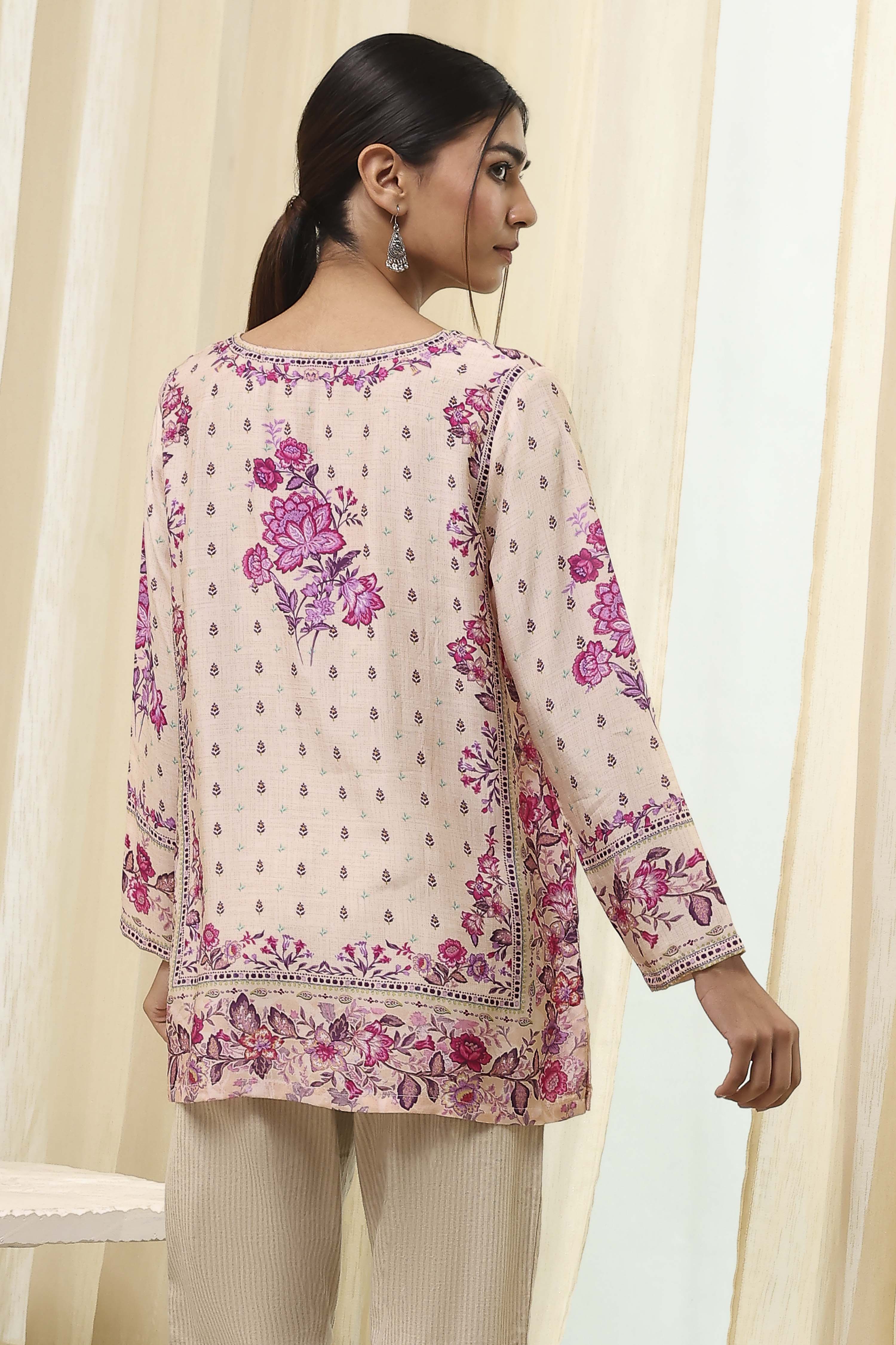 Off-White and Pink Modal Blend Straight Short Kurta image number 3