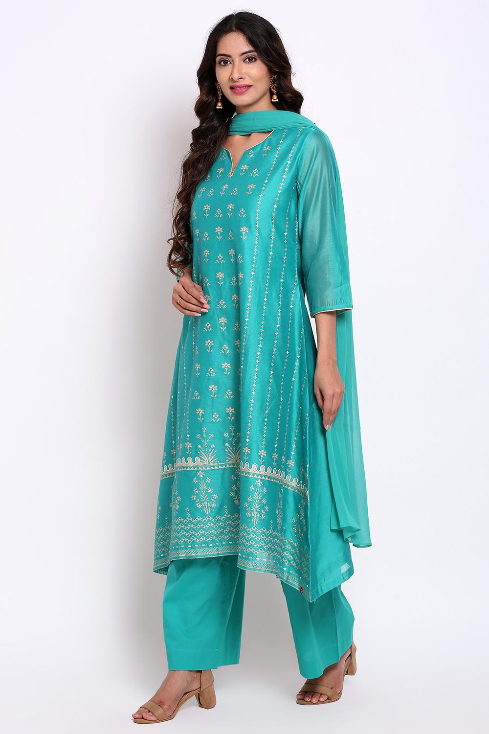 Green Straight Kurta Palazzo Suit Set image number 5