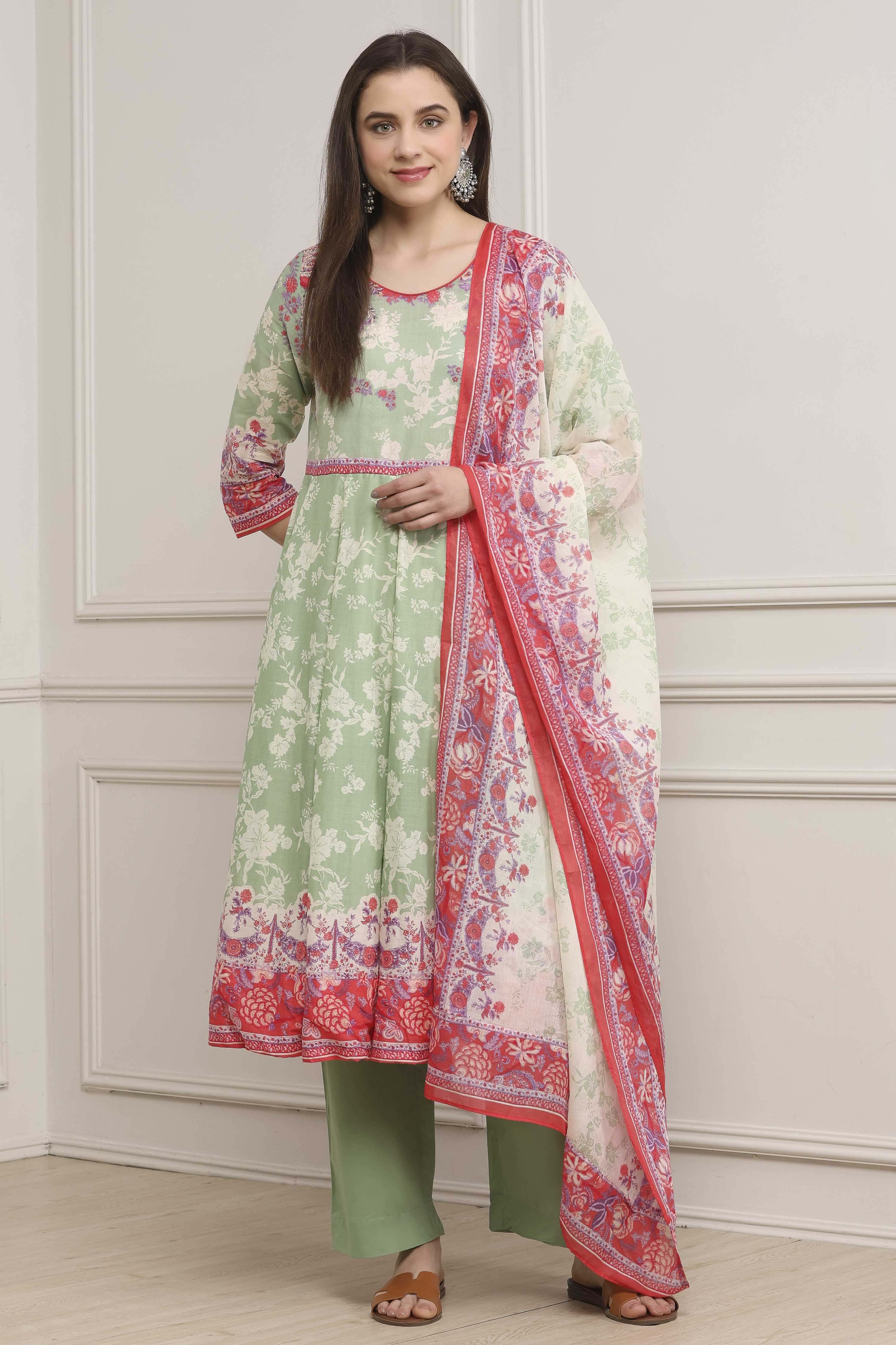 Grey Cotton Printed Anarkali Suit Set image number 6