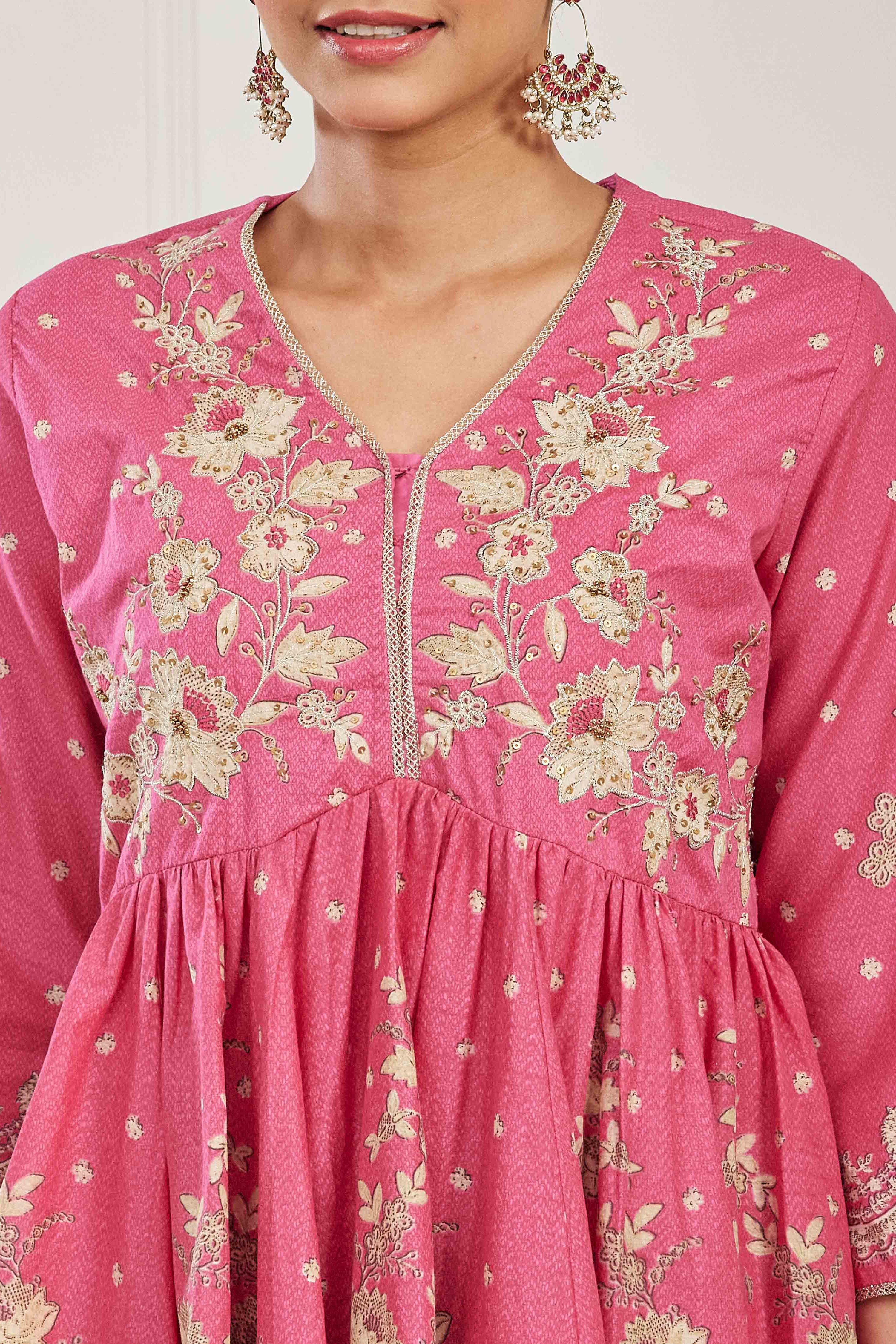Pink Cotton Floral Embroidered Garara Kurta Set image number 1
