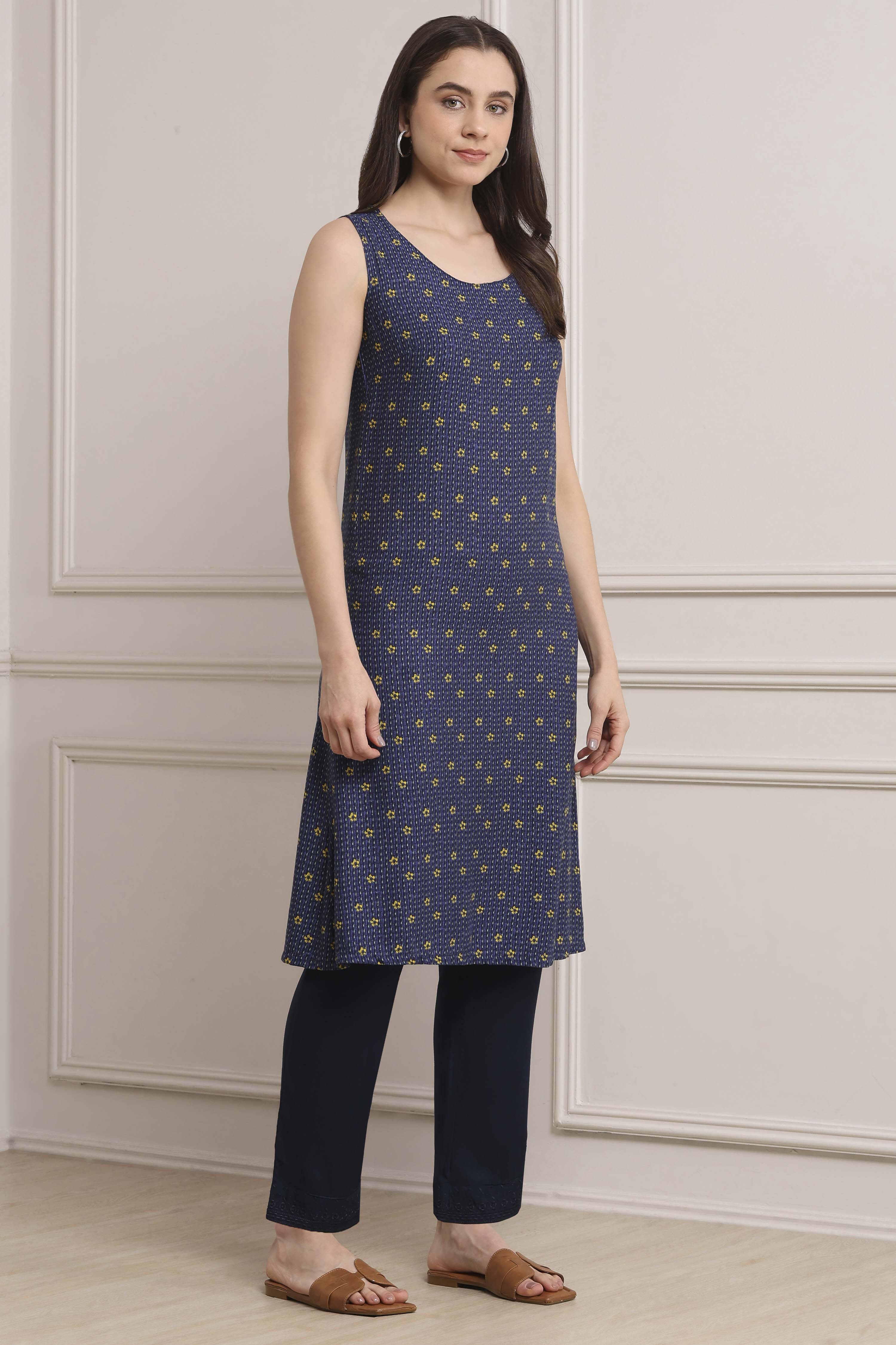 Navy Polyester Straight Kurta Pants Set image number 7