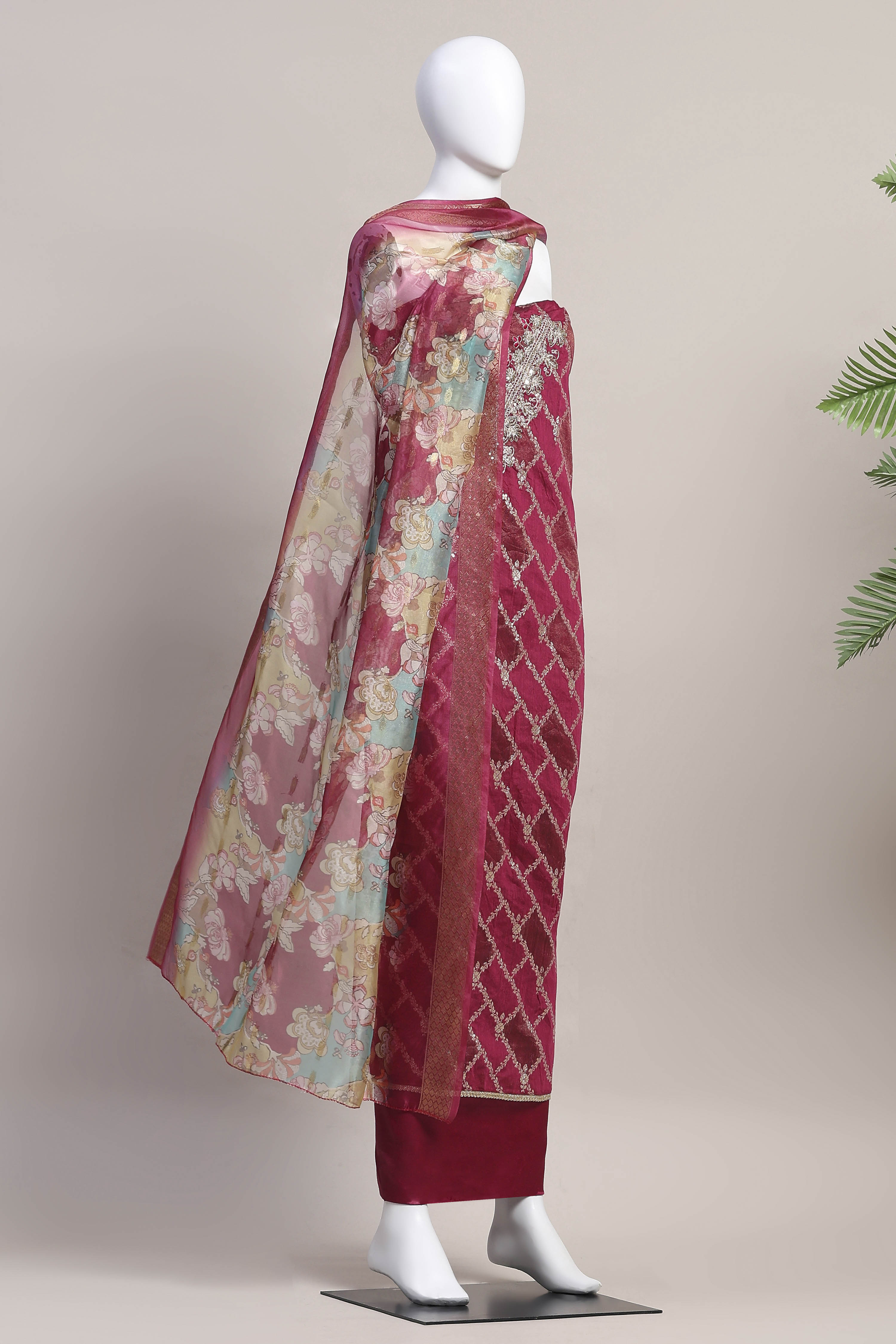 Blue Cotton Printed Embroidered Unstitched Suit Set image number 4