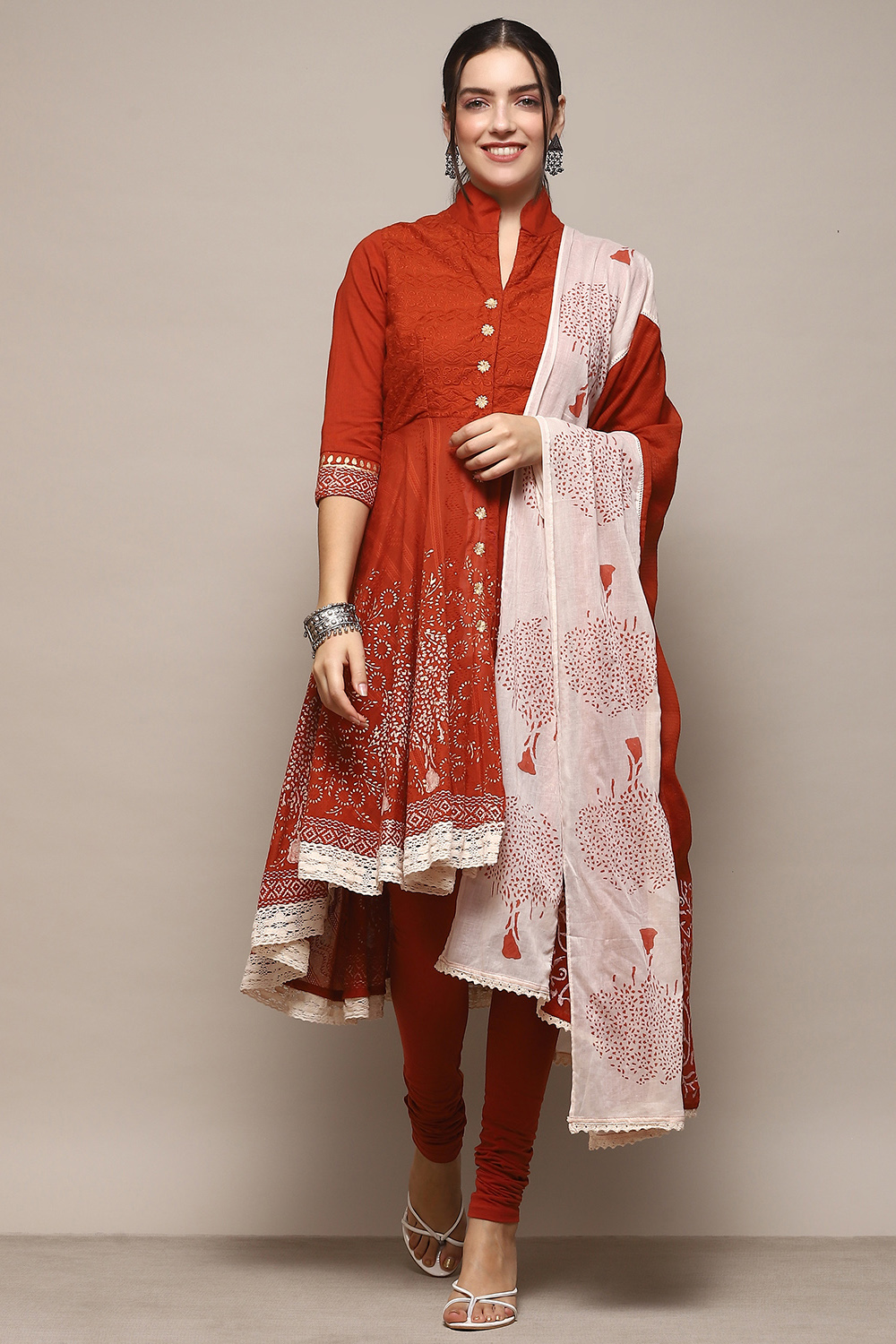 Turquoise Cotton Anarkali Solid Kurta Churidar Suit Set image number 7