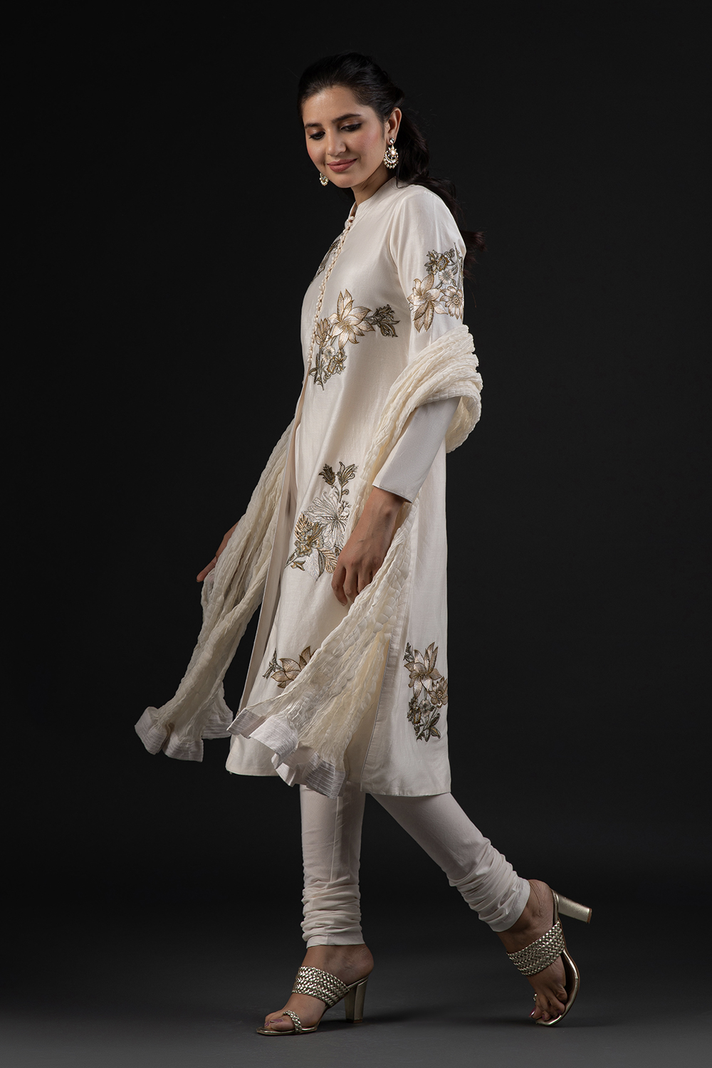 Ivory Cotton Silk Straight Printed Suit Set image number 4