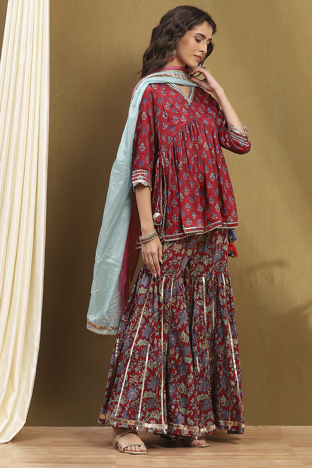 Navy Blue Viscose Floral Peplum Suit Set image number 5