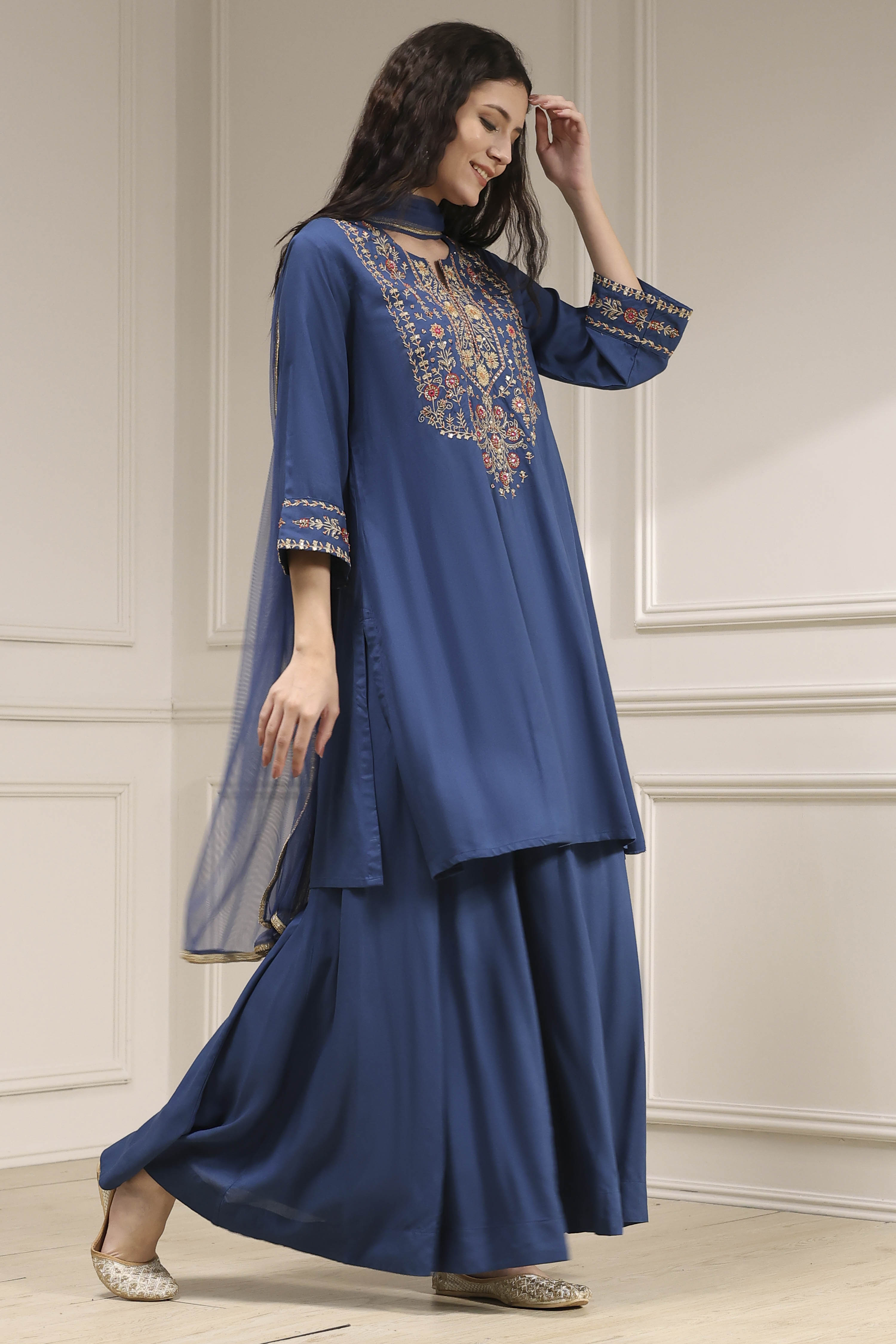 Navy Blue Embroidered Straight Suit Set image number 5